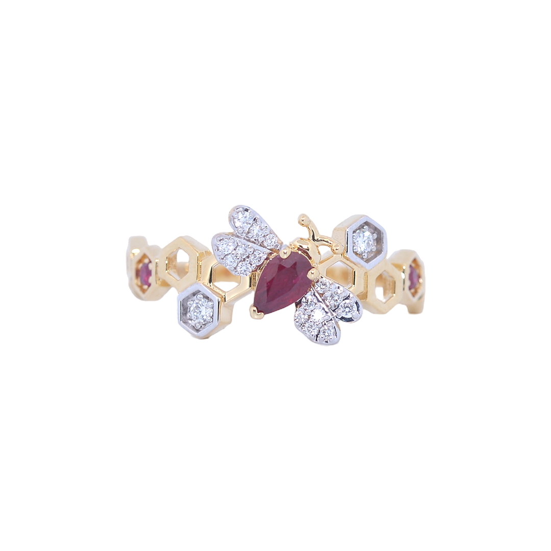 18K Gold Diamond Bee Ring with Ruby Accent