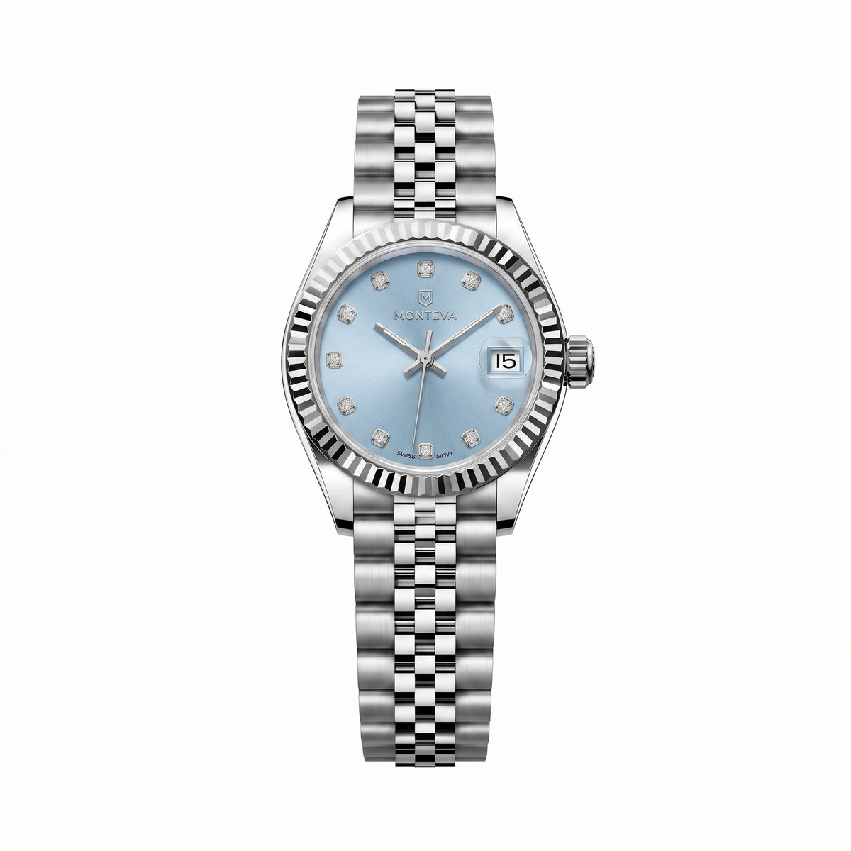 Lina Silver Stainless Steel Bracelet Ice-Blue Dial High-Quality Simulated Diamond 25mm Women’s Quartz Watch by MONTEVA