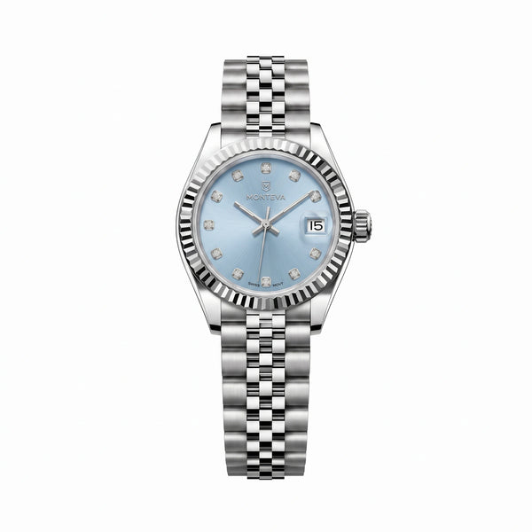 Lina Silver Stainless Steel Bracelet Ice-Blue Dial High-Quality Simulated Diamond 25mm Women’s Quartz Watch by MONTEVA