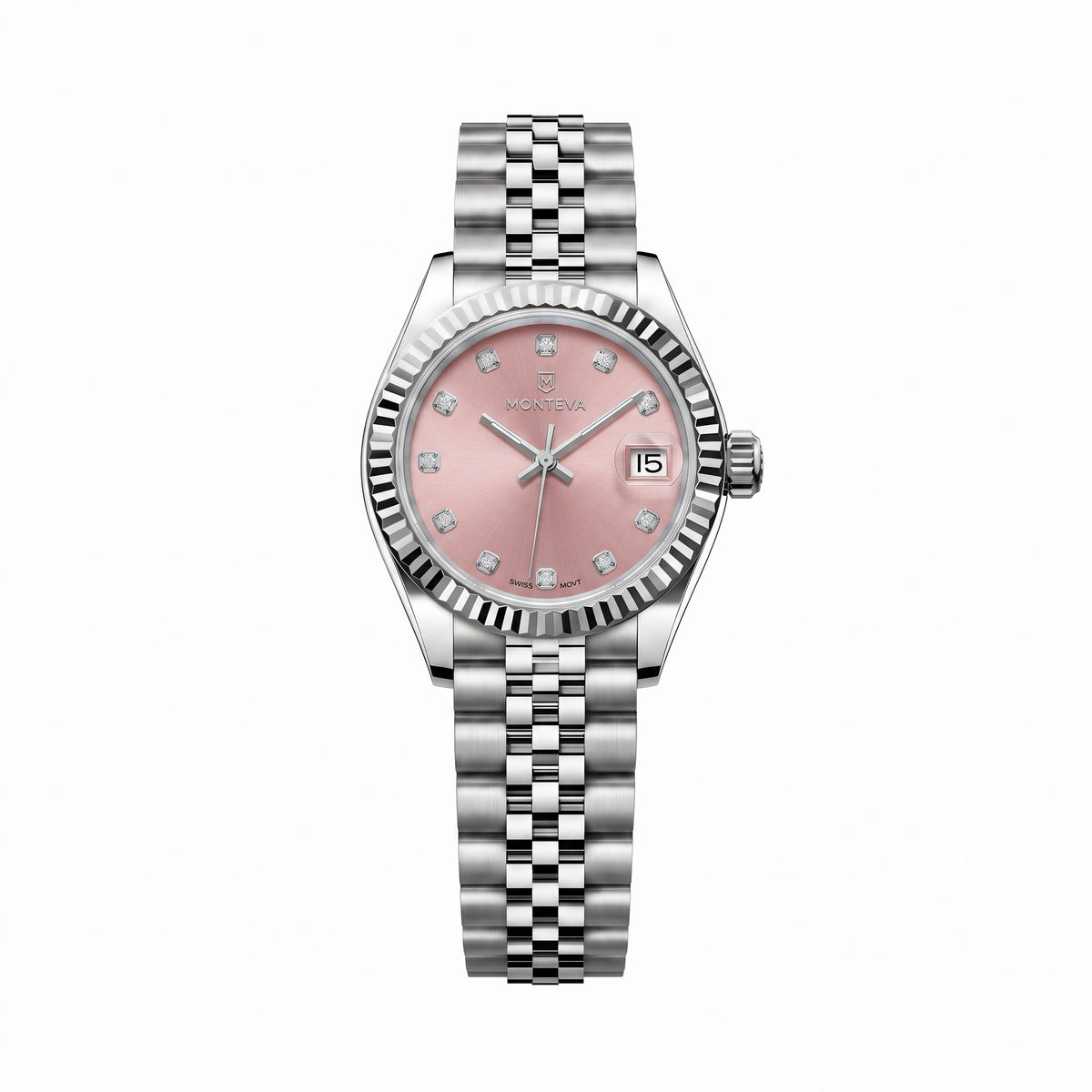 Lina Silver Stainless Steel Bracelet Ice-Blue Dial High-Quality Simulated Diamond 25mm Women’s Quartz Watch by MONTEVA