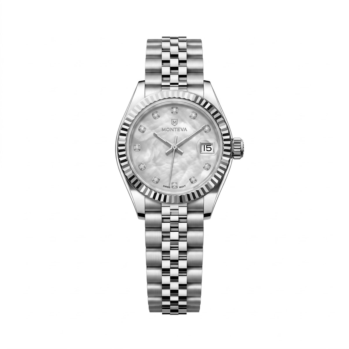 Lina Silver Stainless Steel Bracelet White Mother-of-Pearl Dial High-Quality Simulated Diamond 25mm Women’s Quartz Watch by MONTEVA