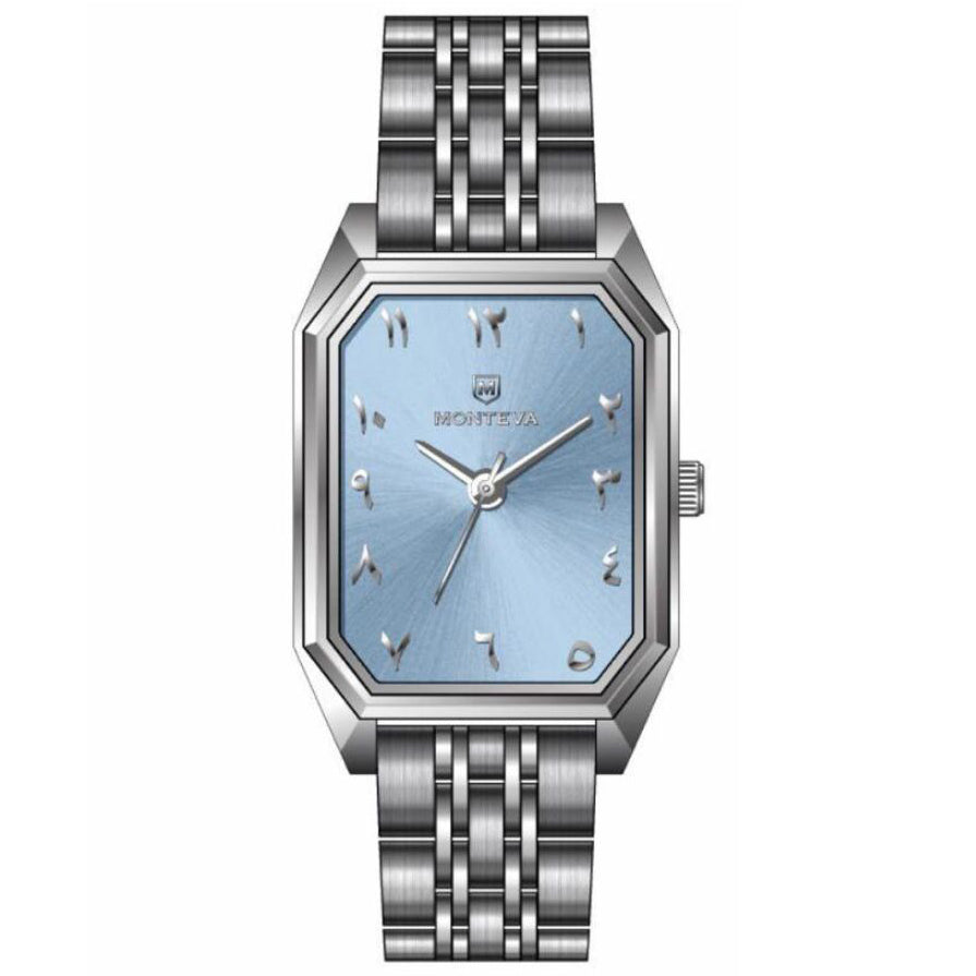MONTEVA WATCH FOR LADIES EMP SQUARE ARABIC DIAL DESIGN WATCHES FLAT SILVER PLATED M2857 WHT LBLUE