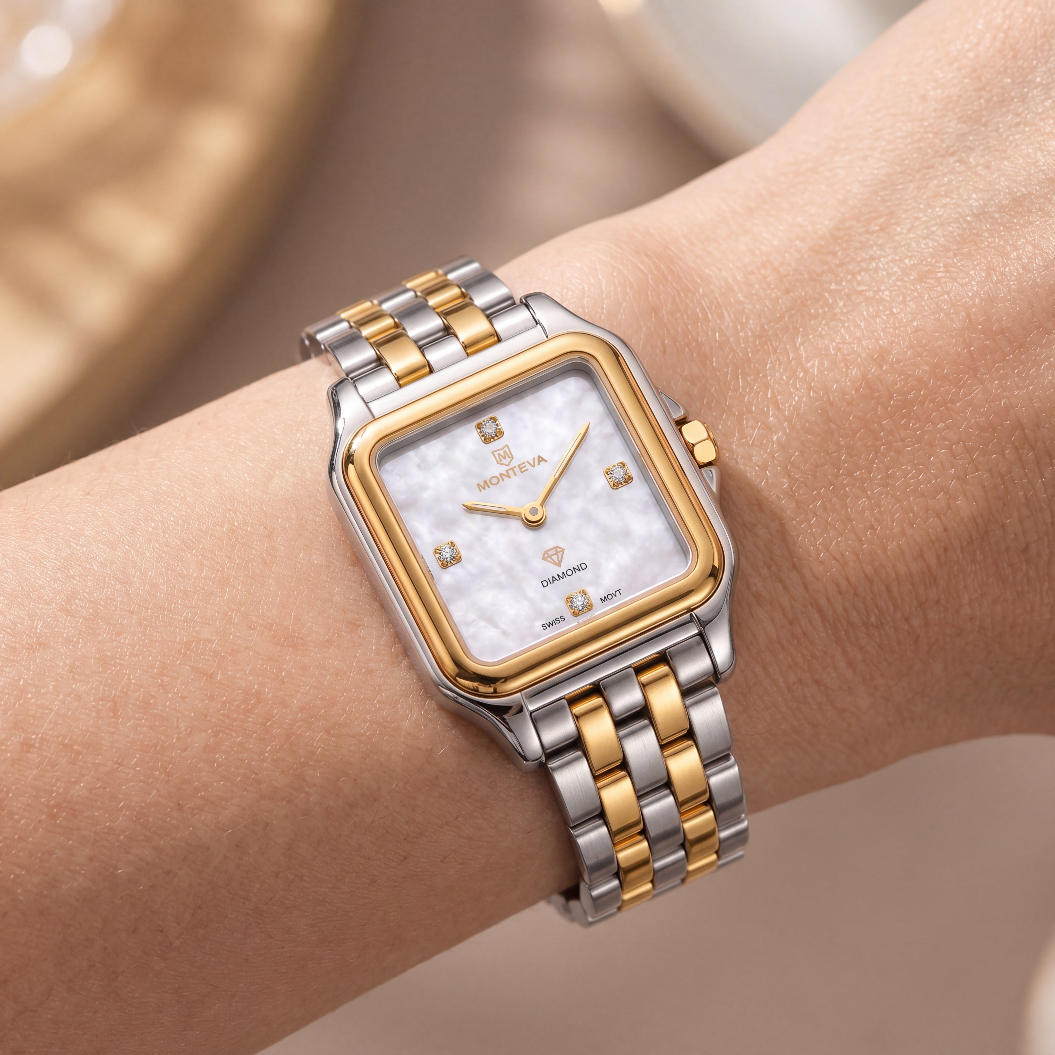 Monteva Two-Tone Mother-of-Pearl Diamond Marker Square Watch