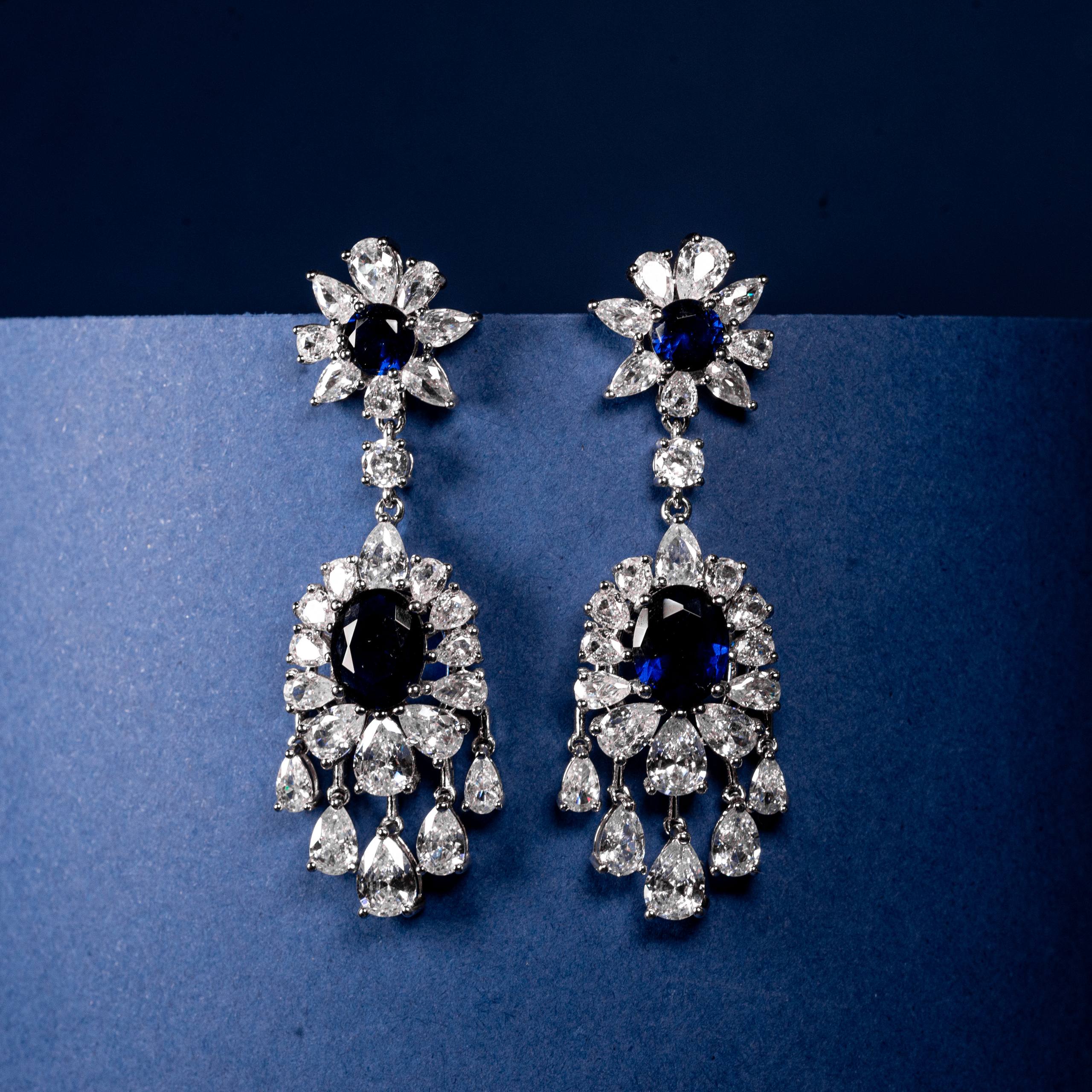 Midnight Sapphire Oval-Cut Zircon Floral Drop Earrings