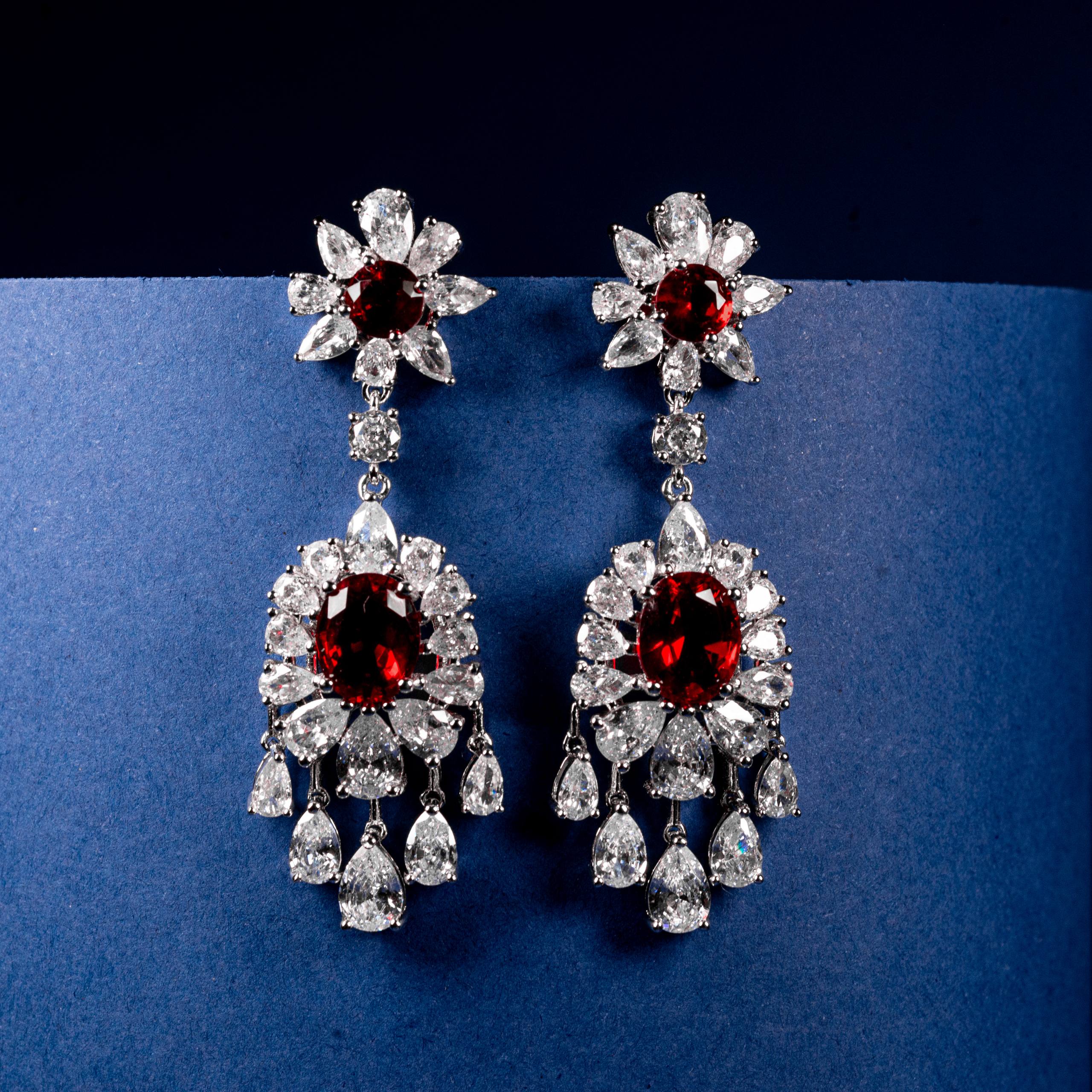 Royal Ruby Oval-Cut Zircon Floral Drop Earrings