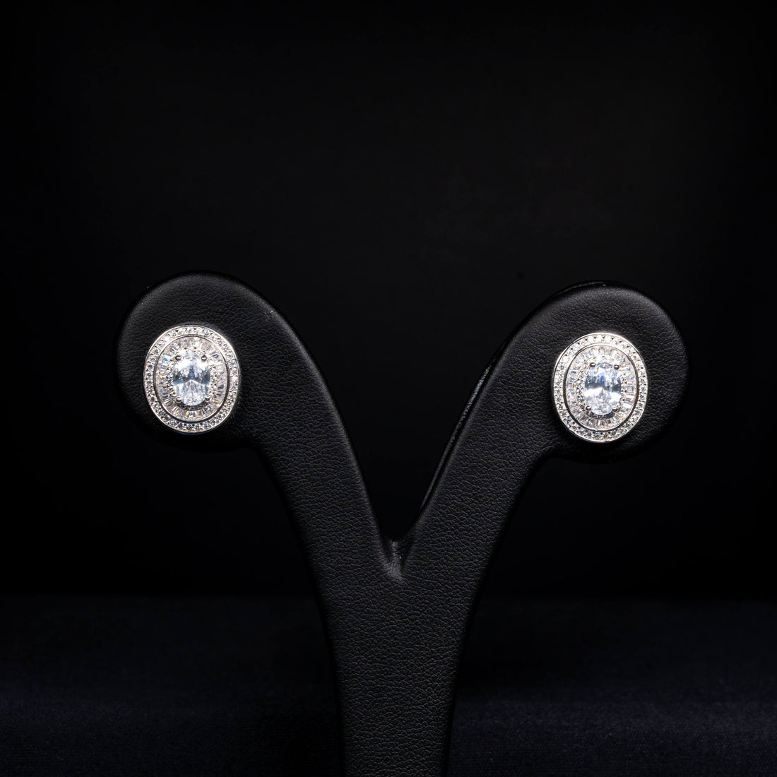 Vellora White Zircon Oval Double Halo Stud Earrings in 925 Silver