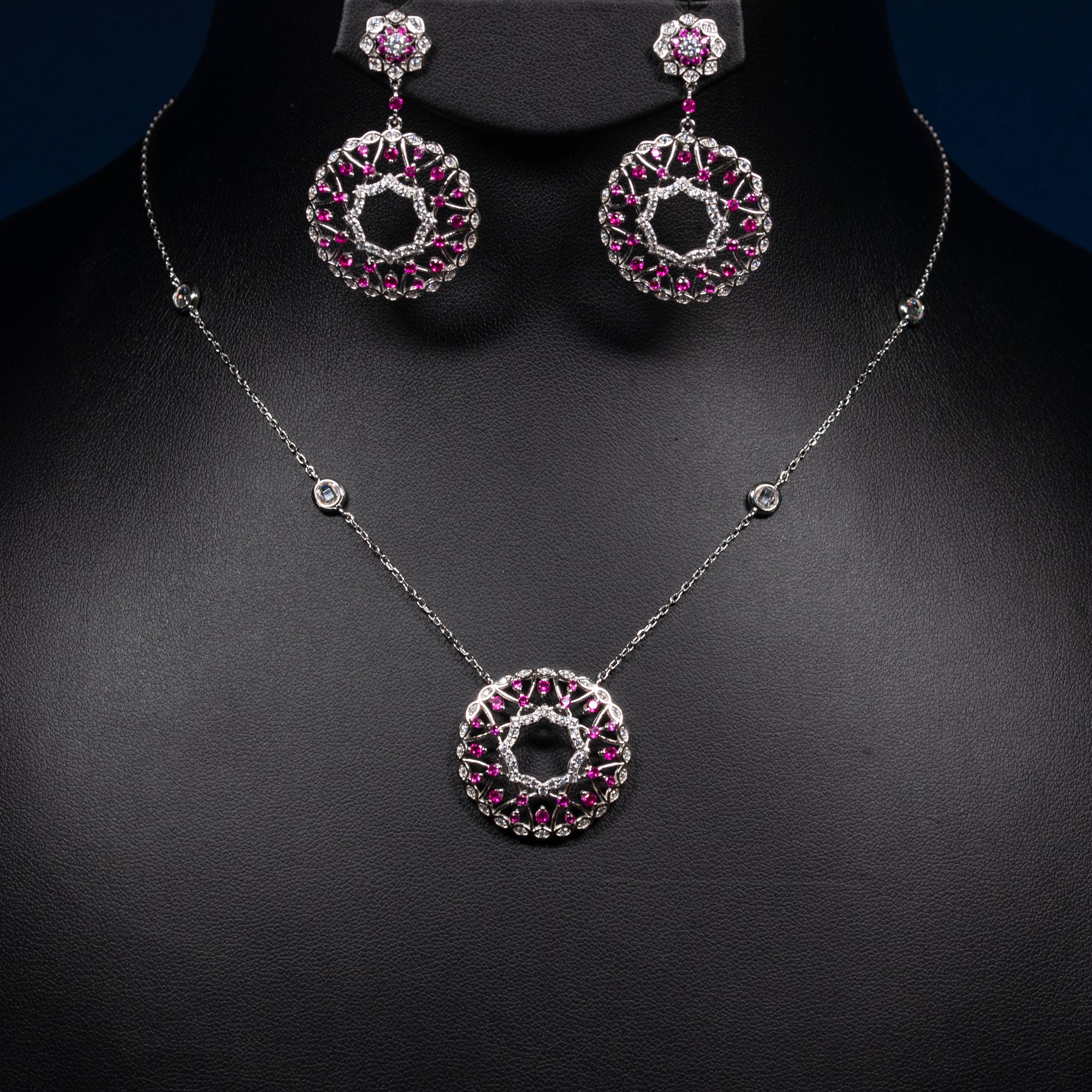 Dolce Mondo Maysa Ruby Red & White Zircon 925 Silver Pendant & Earring Set