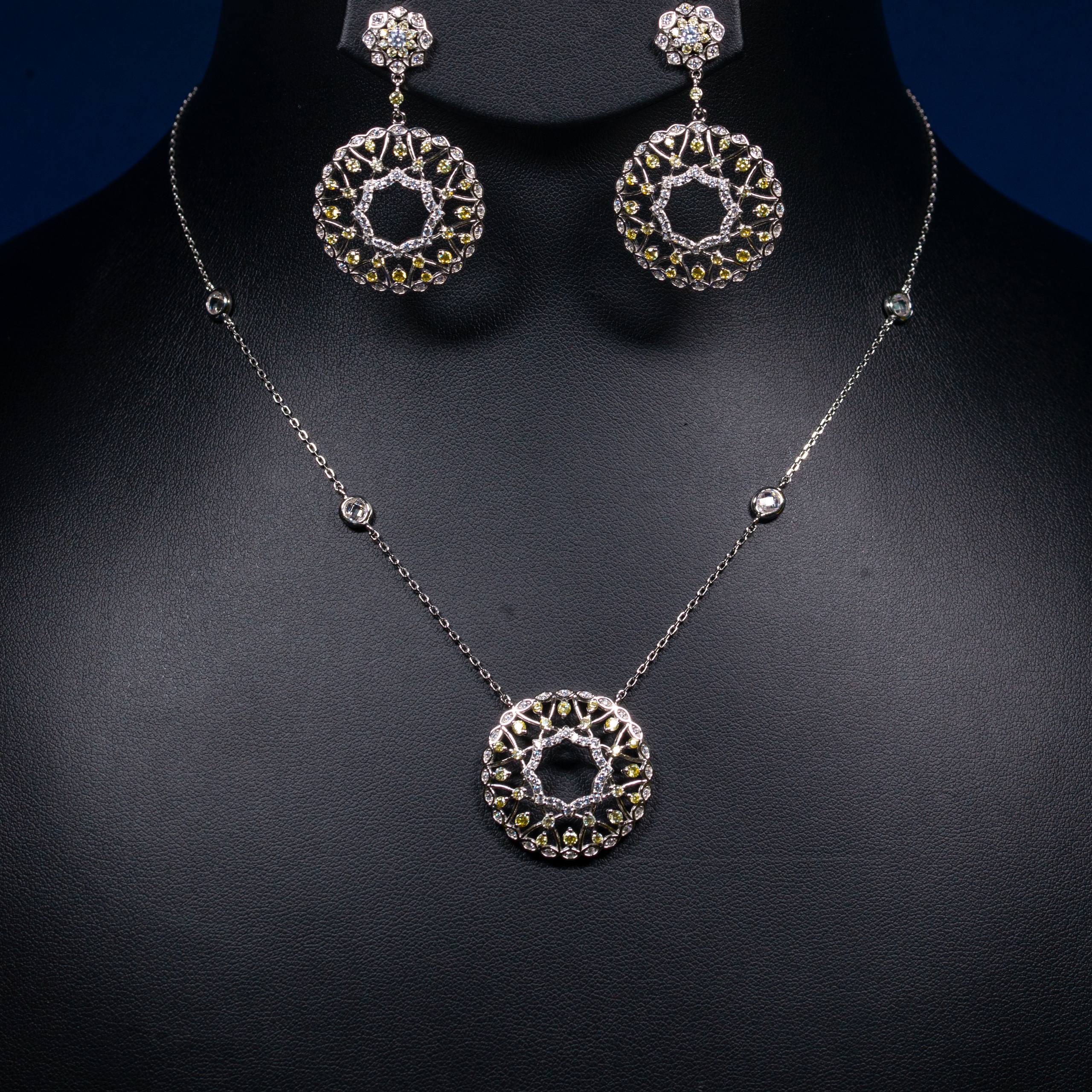 Dolce Mondo Zahra Golden Yellow & White Zircon 925 Silver Pendant & Earring Set