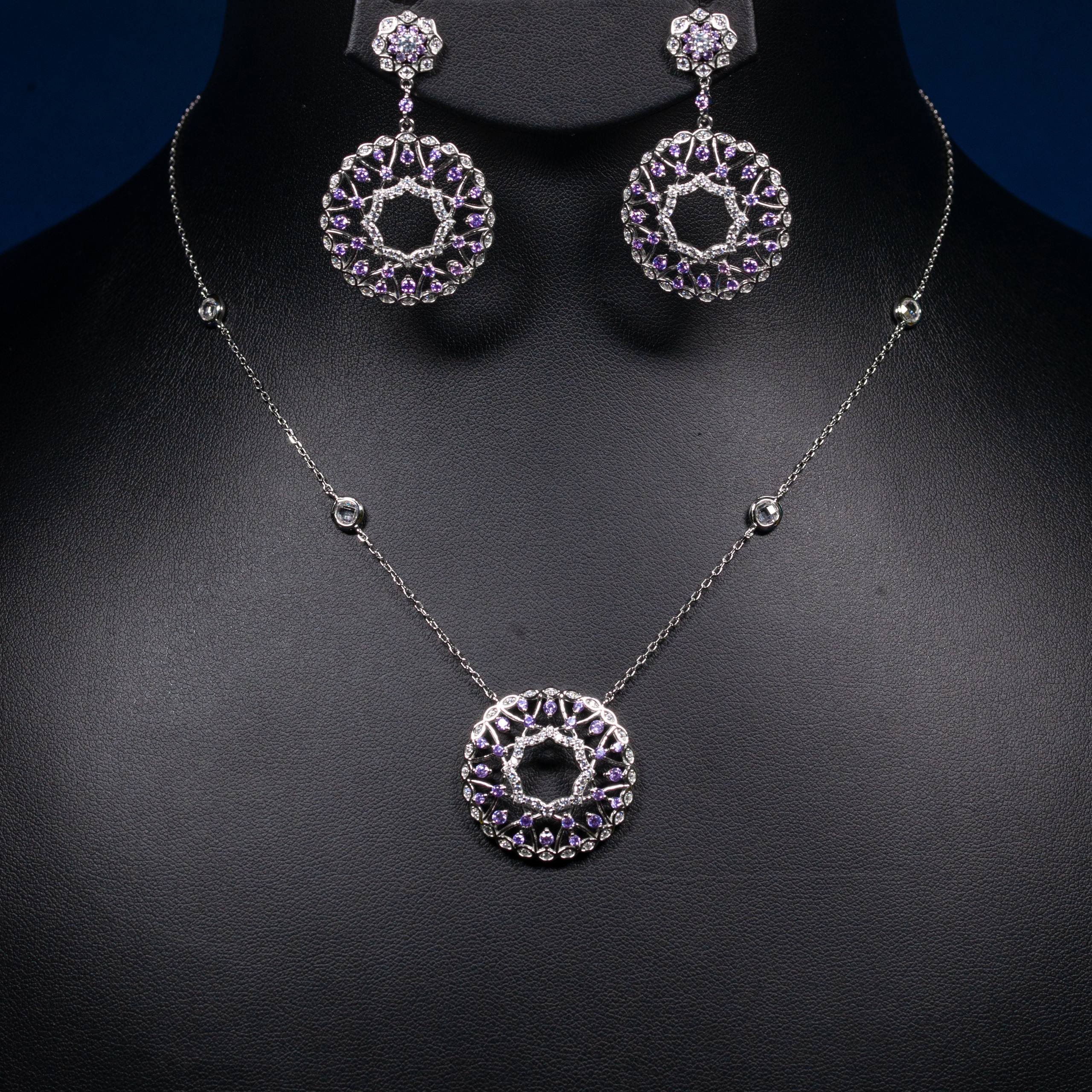 Dolce Mondo Lujain Lavender Purple & White Zircon 925 Silver Pendant & Earring Set