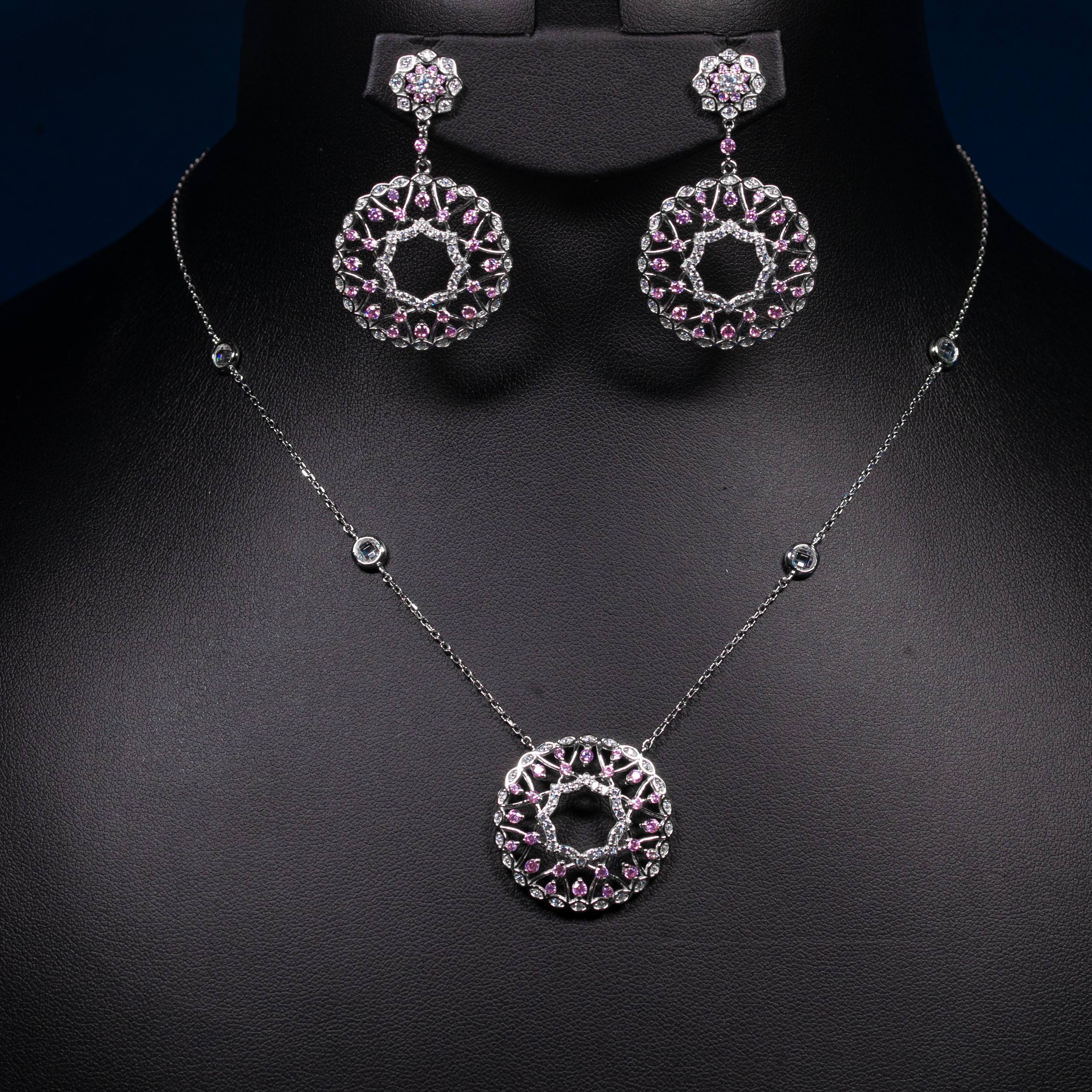 Dolce Mondo Yara Rose Pink & White Zircon 925 Silver Pendant & Earring Set