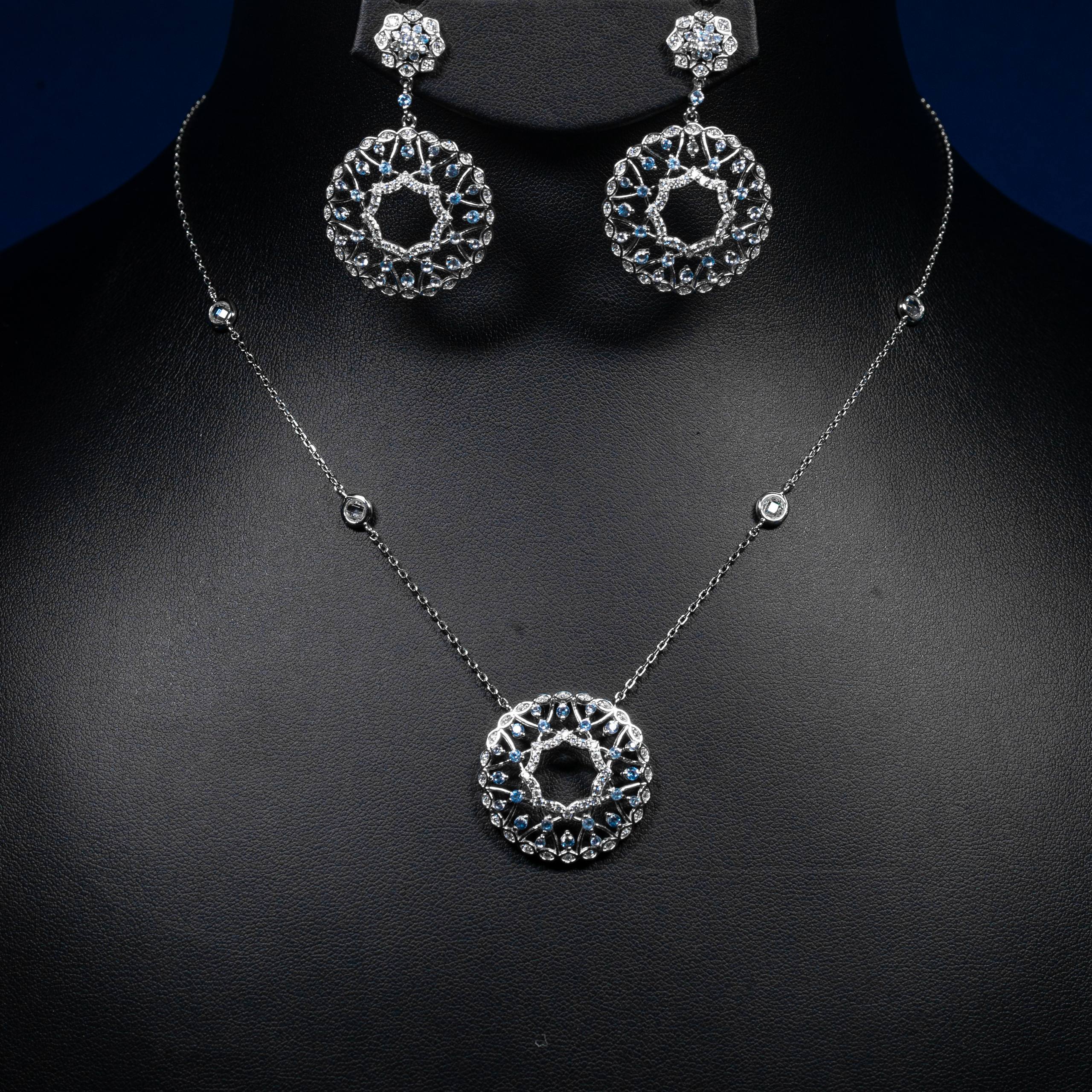 Dolce Mondo Lujain Blue & White Zircon 925 Silver Pendant & Earring Set