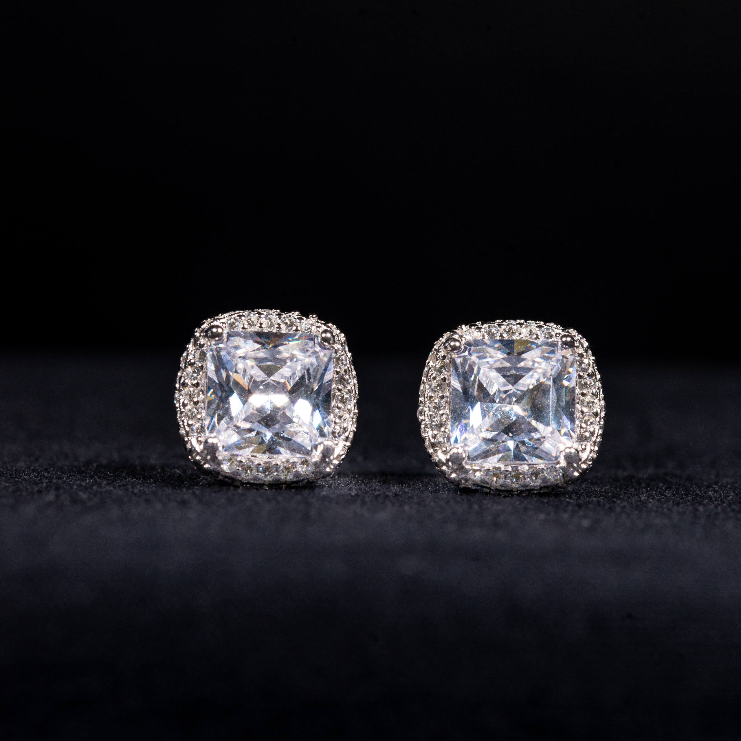 Valencia White Zircon Radiant Halo Stud Earrings in 925 Silver