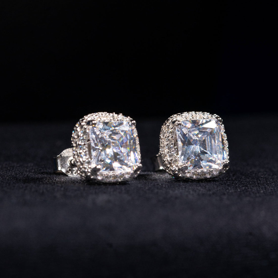 Valencia White Zircon Radiant Halo Stud Earrings in 925 Silver