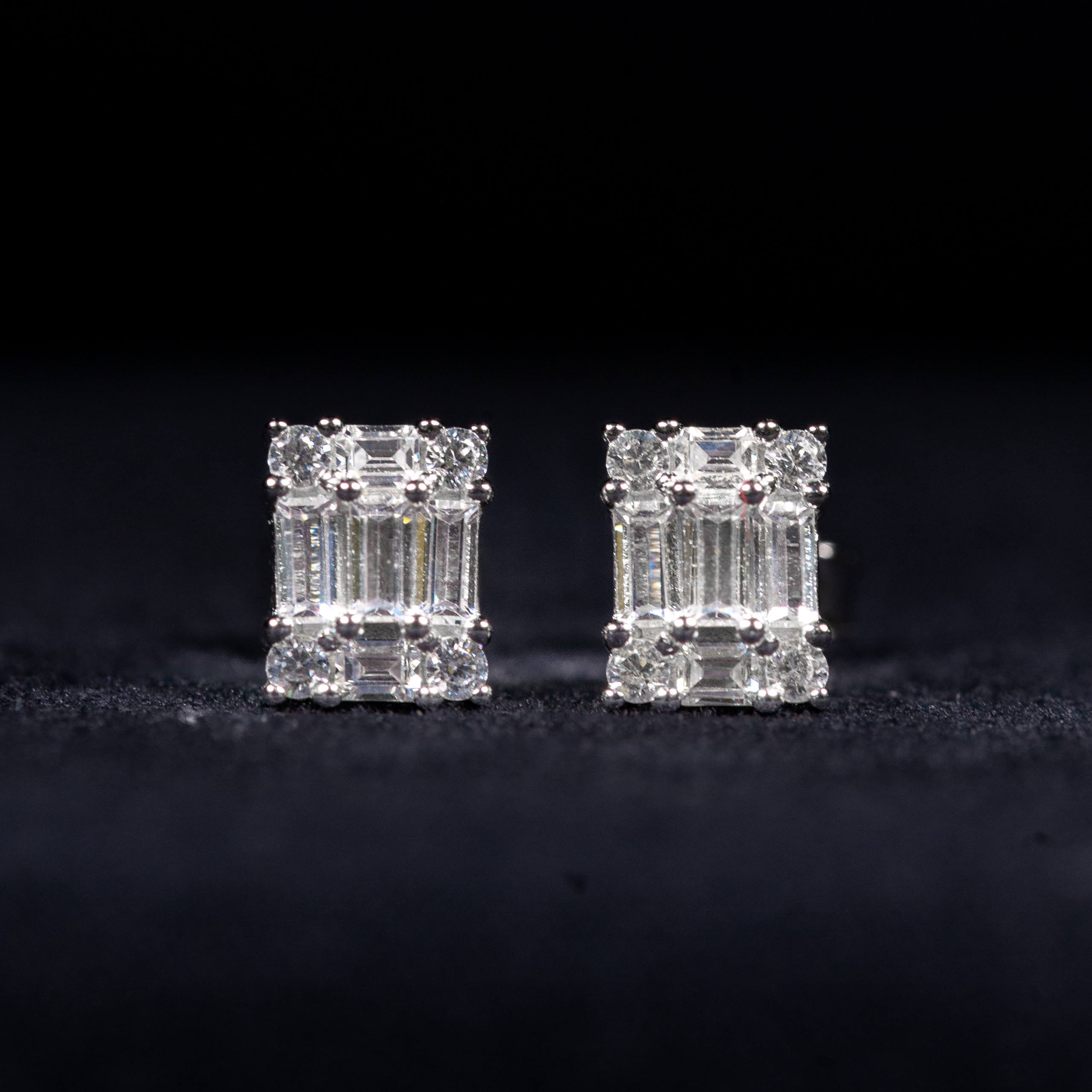 Eclat White Zircon Emerald Mosaic Stud Earrings in 925 Silver