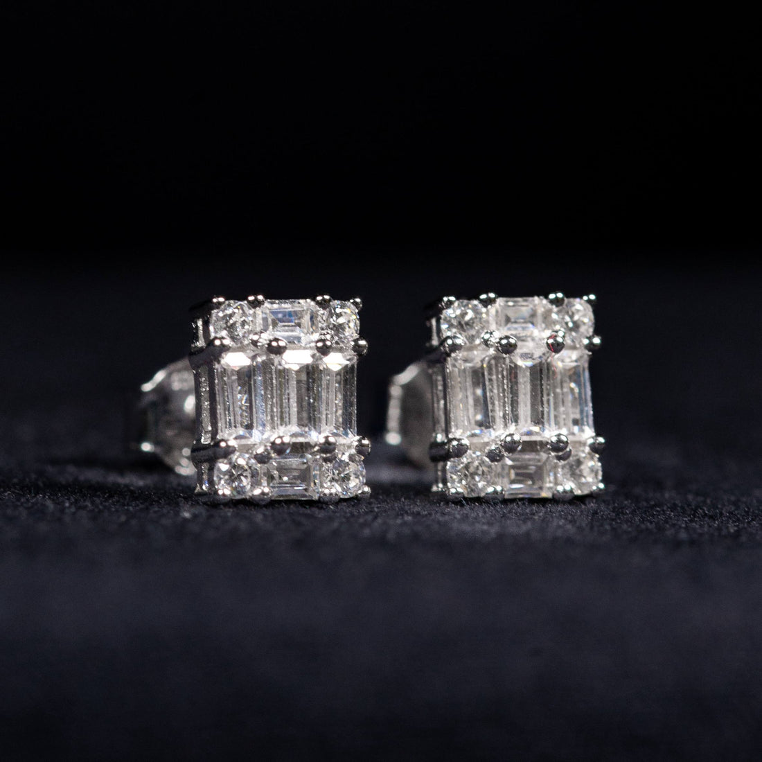 Eclat White Zircon Emerald Mosaic Stud Earrings in 925 Silver