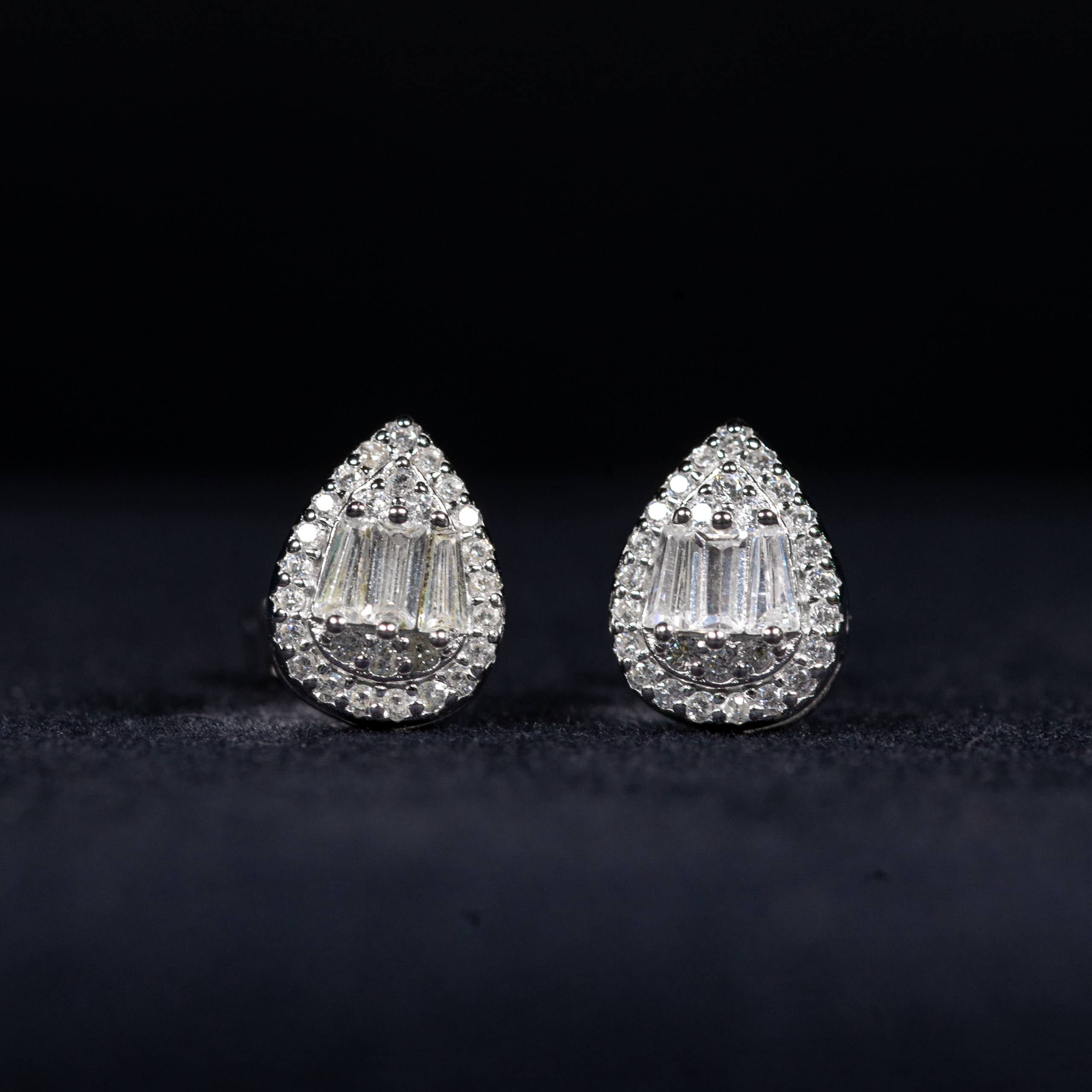 Lumiere White Zircon Pear Halo Stud Earrings in 925 Silve