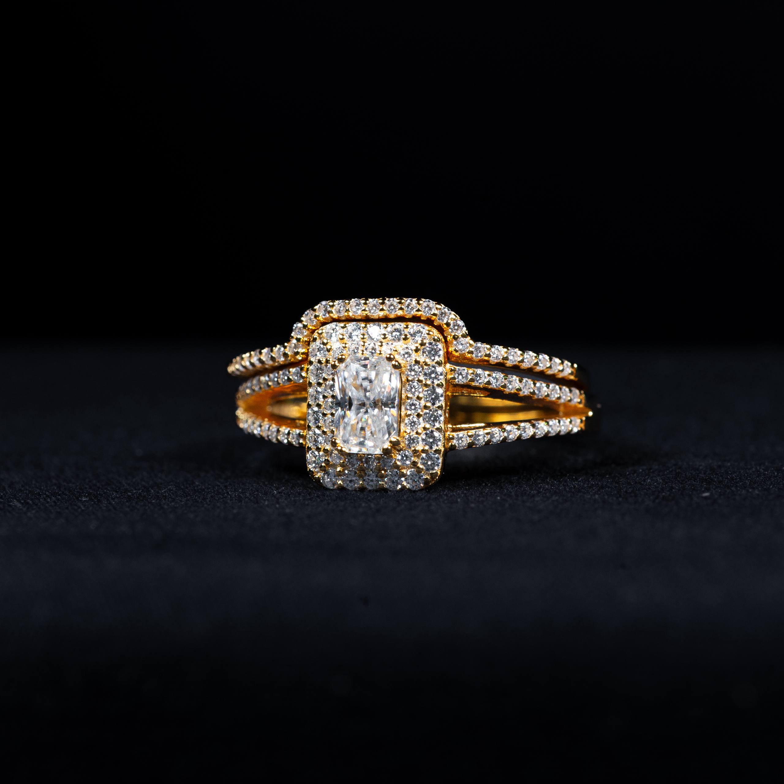 Dual Layered Radiant Cut GRA Certified Moissanite Ring in Gold Plated 925 Sterling Silver – 110 Carat