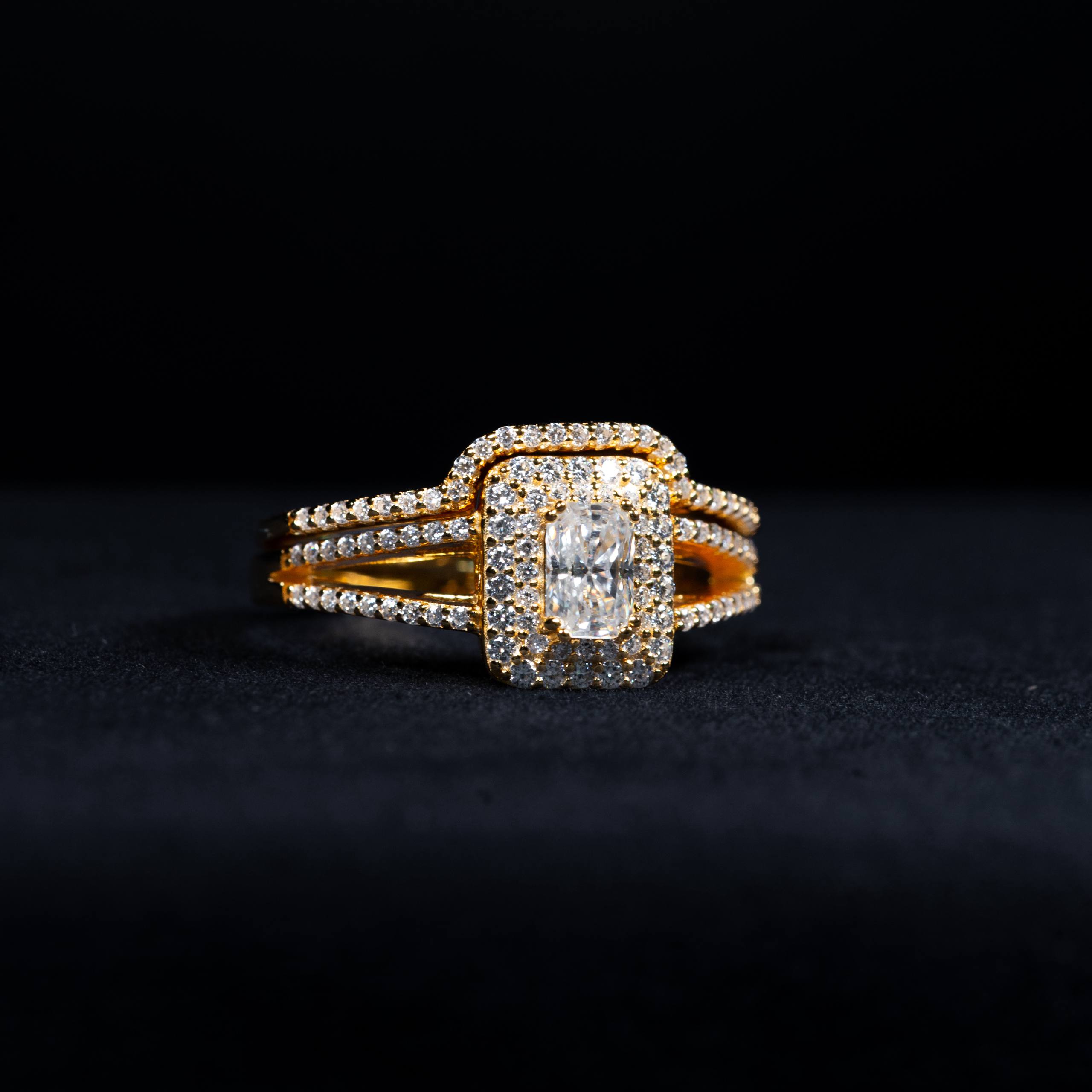 Dual Layered Radiant Cut GRA Certified Moissanite Ring in Gold Plated 925 Sterling Silver – 110 Carat