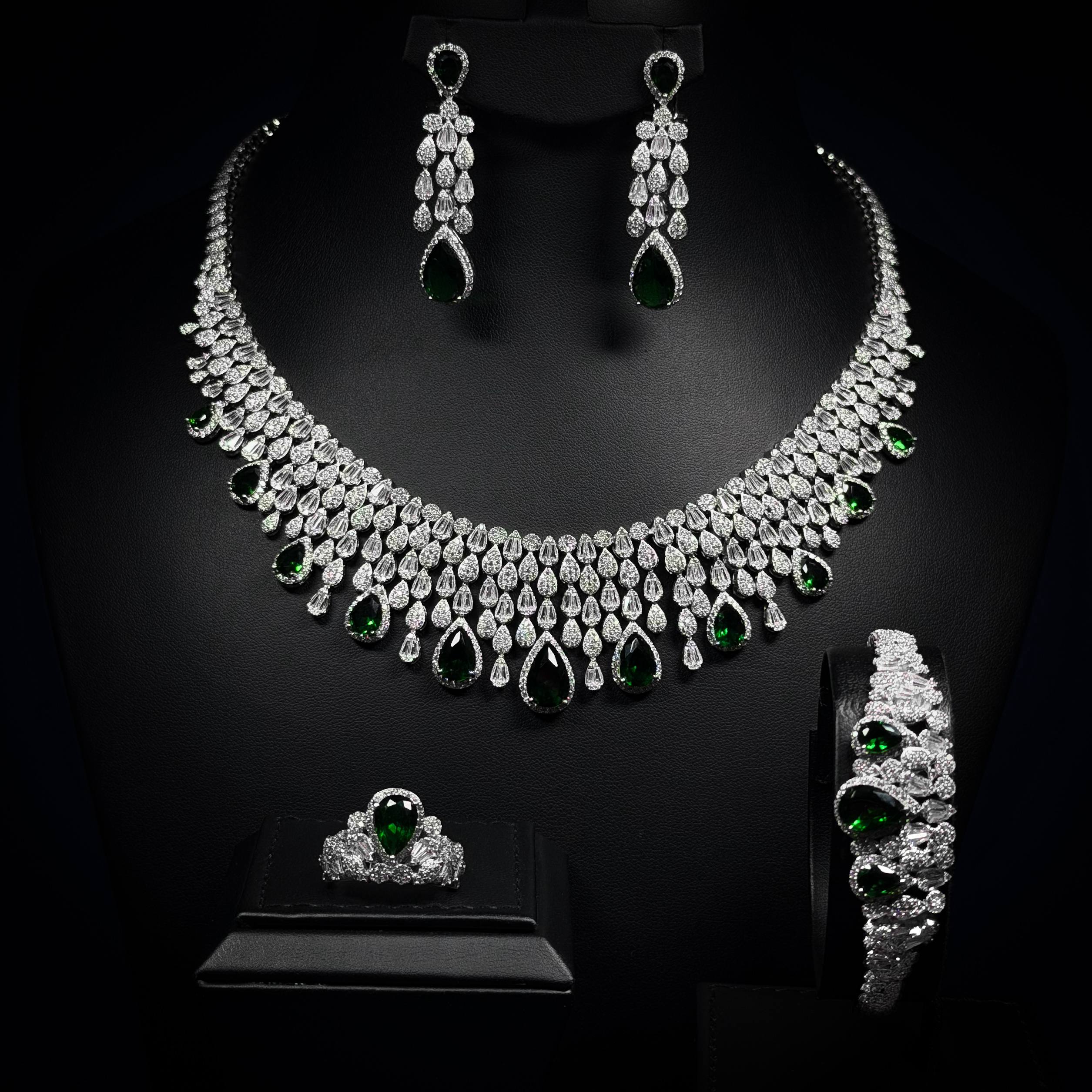 Verdant Rainfall Green & White 925 Silver Full Set