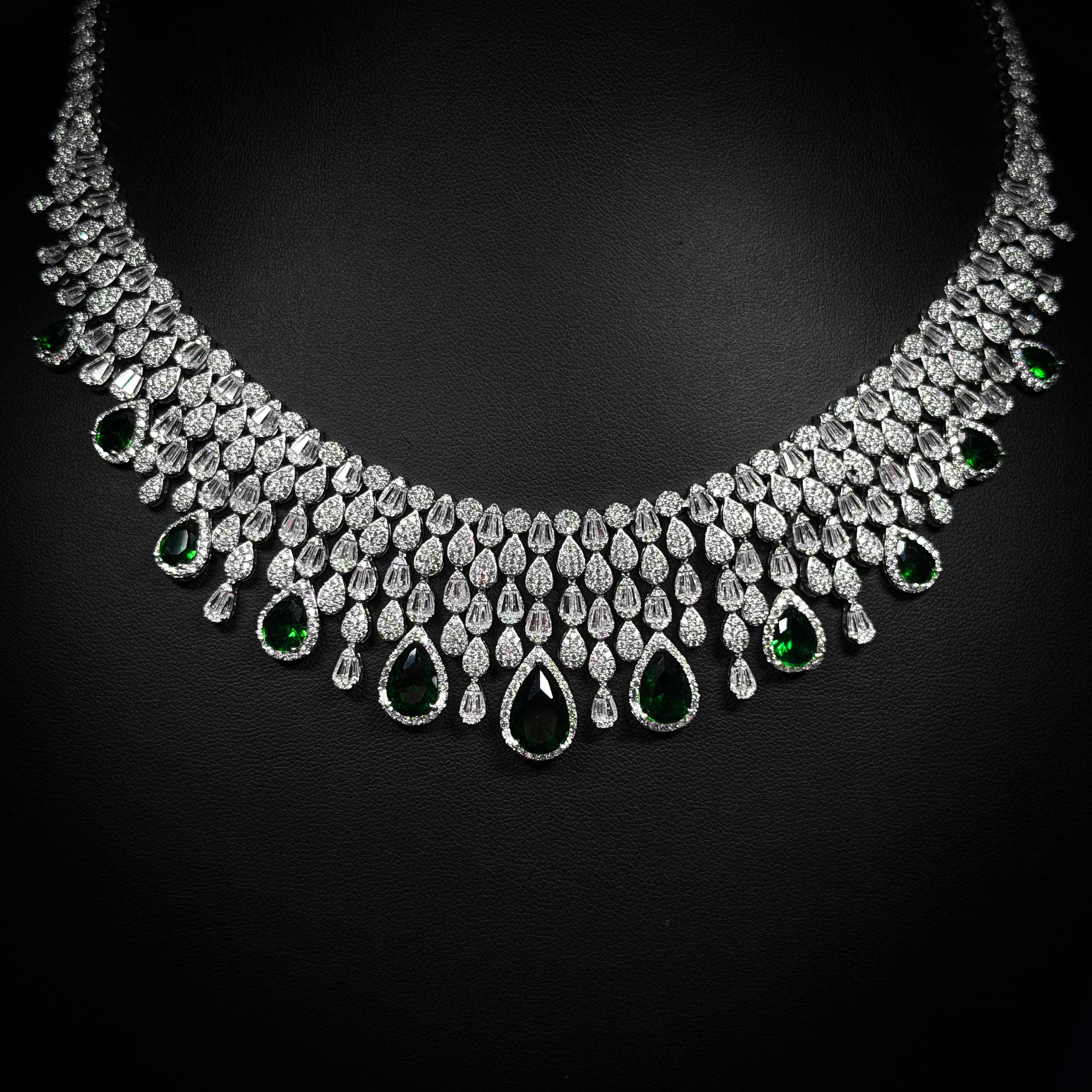 Verdant Rainfall Green & White 925 Silver Full Set