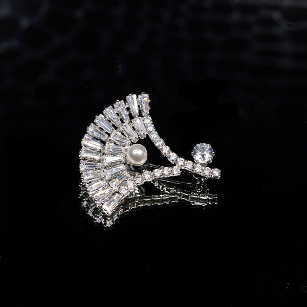 Yasmin White Pearl & White Zircon Brooch High Quality Rhodium Plated