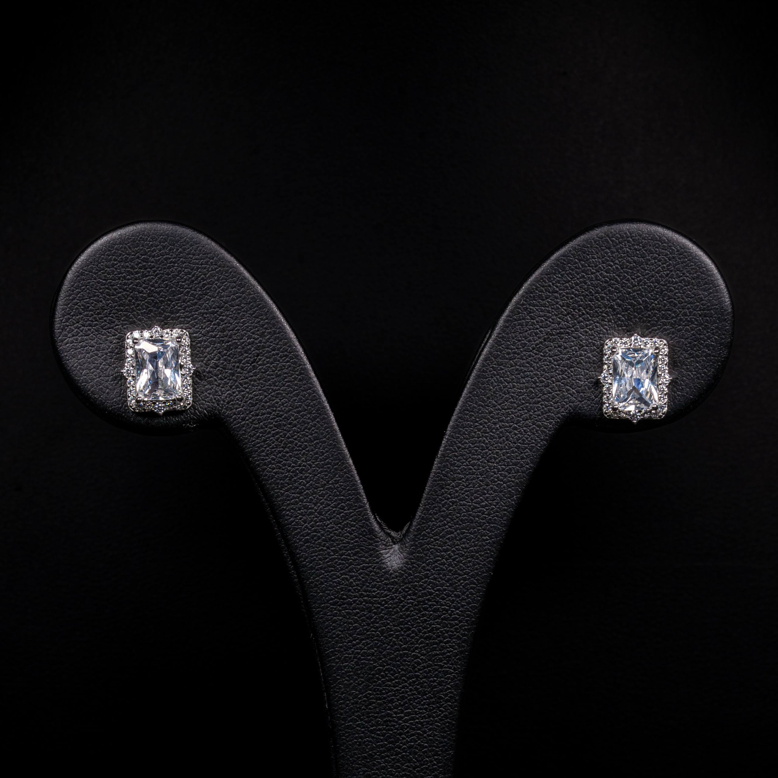 Clarisse White Zircon Emerald Halo Stud Earrings in 925 Silver