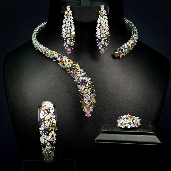 Prism Royale Multicolor Zircon Rhodium Plated Luxury Bridal Full Set
