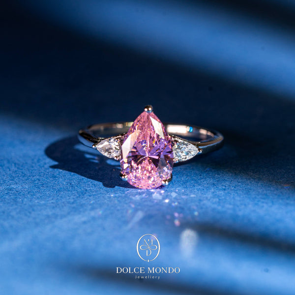 Dolce Mondo Pink Zircon Pear Cut Ring – Rhodium Plated 925 Silver