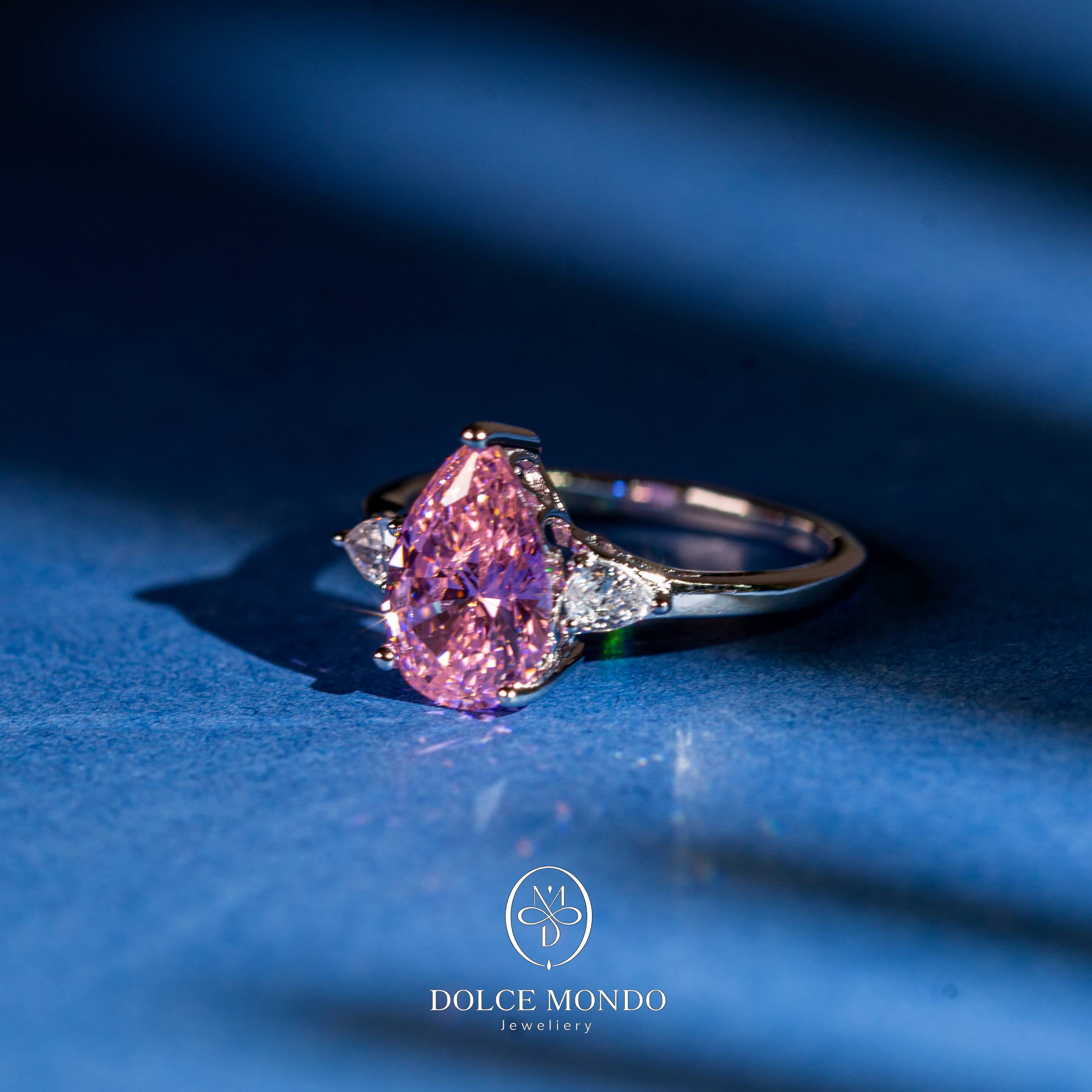Dolce Mondo Pink Zircon Pear Cut Ring – Rhodium Plated 925 Silver