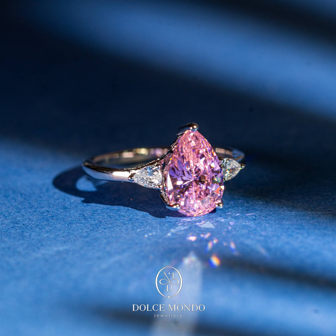 Dolce Mondo Pink Zircon Pear Cut Ring – Rhodium Plated 925 Silver