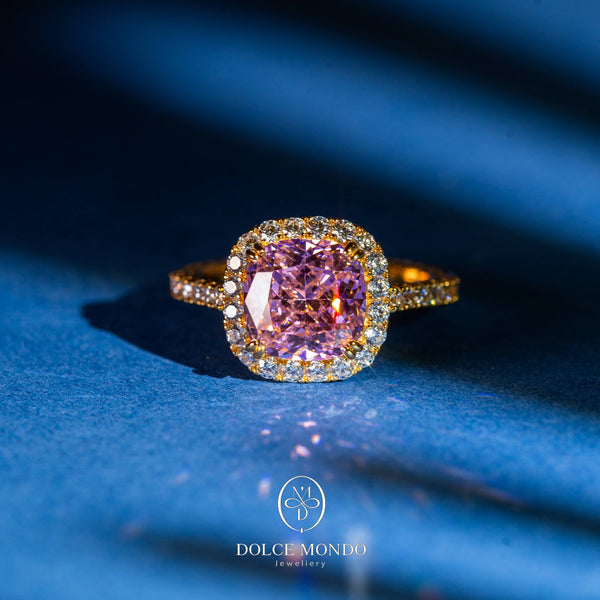 Dolce Mondo Pink Zircon Cushion Halo Ring – Gold Plated 925 Silver