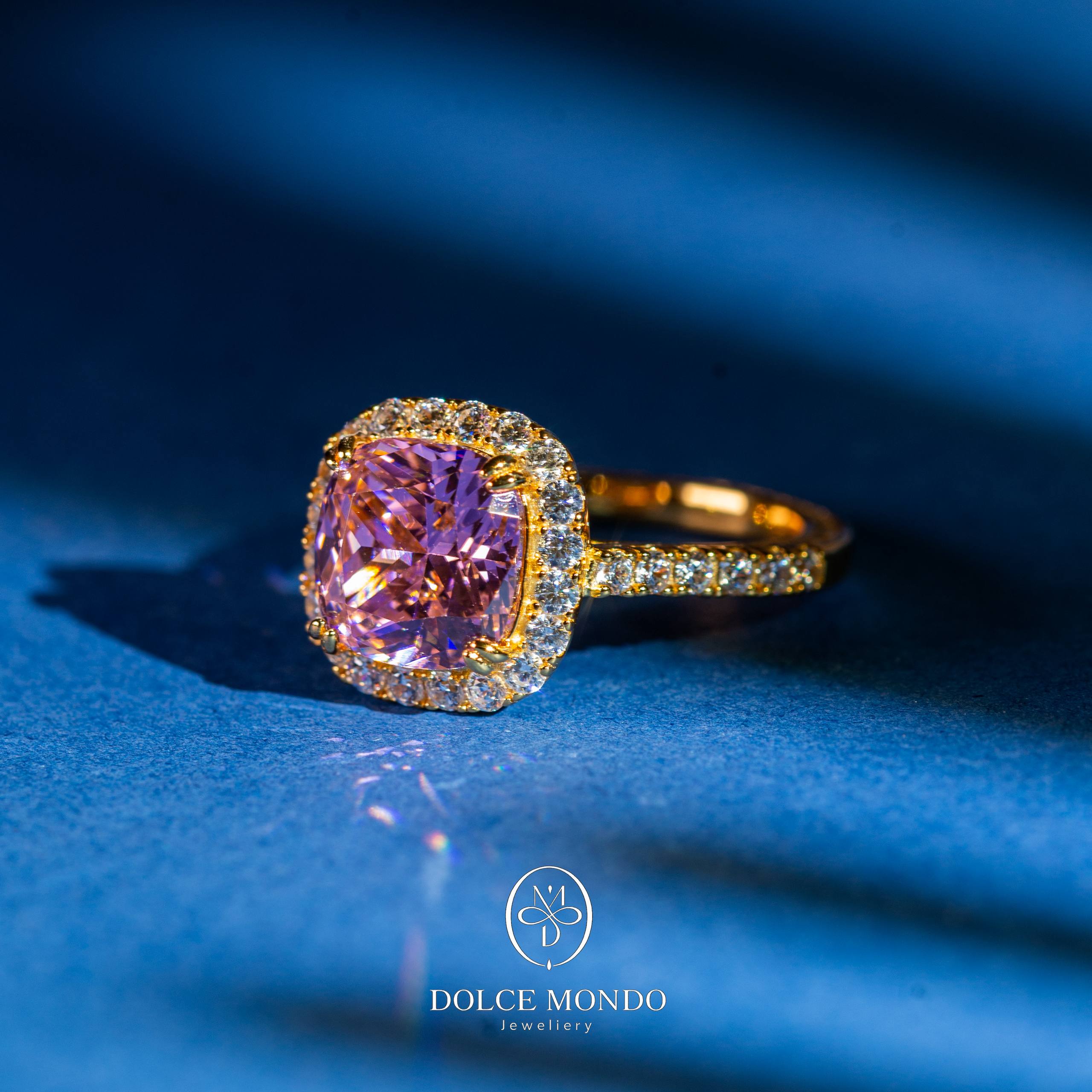 Dolce Mondo Pink Zircon Cushion Halo Ring – Gold Plated 925 Silver