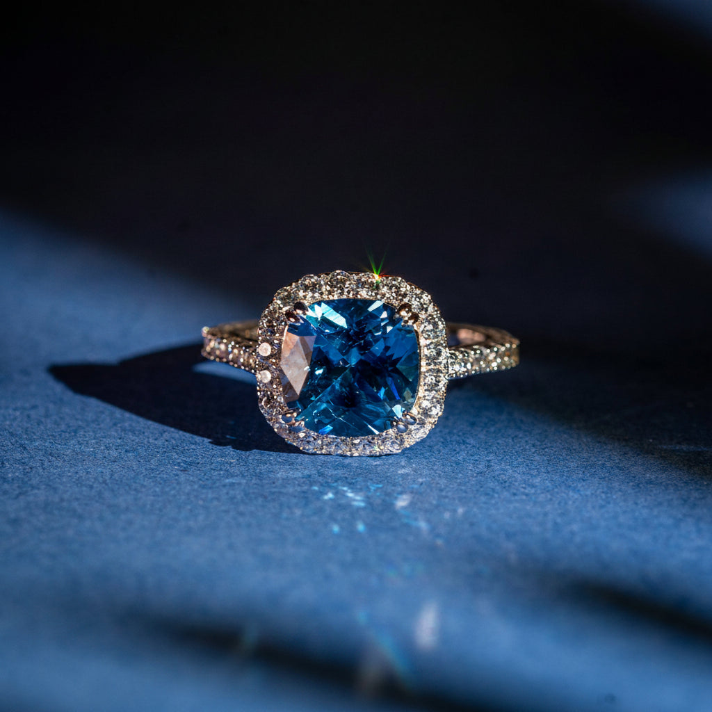 Dolce Mondo Azure Halo Brilliance – Sky Blue Zircon Rhodium Plated 925 Silver Ring