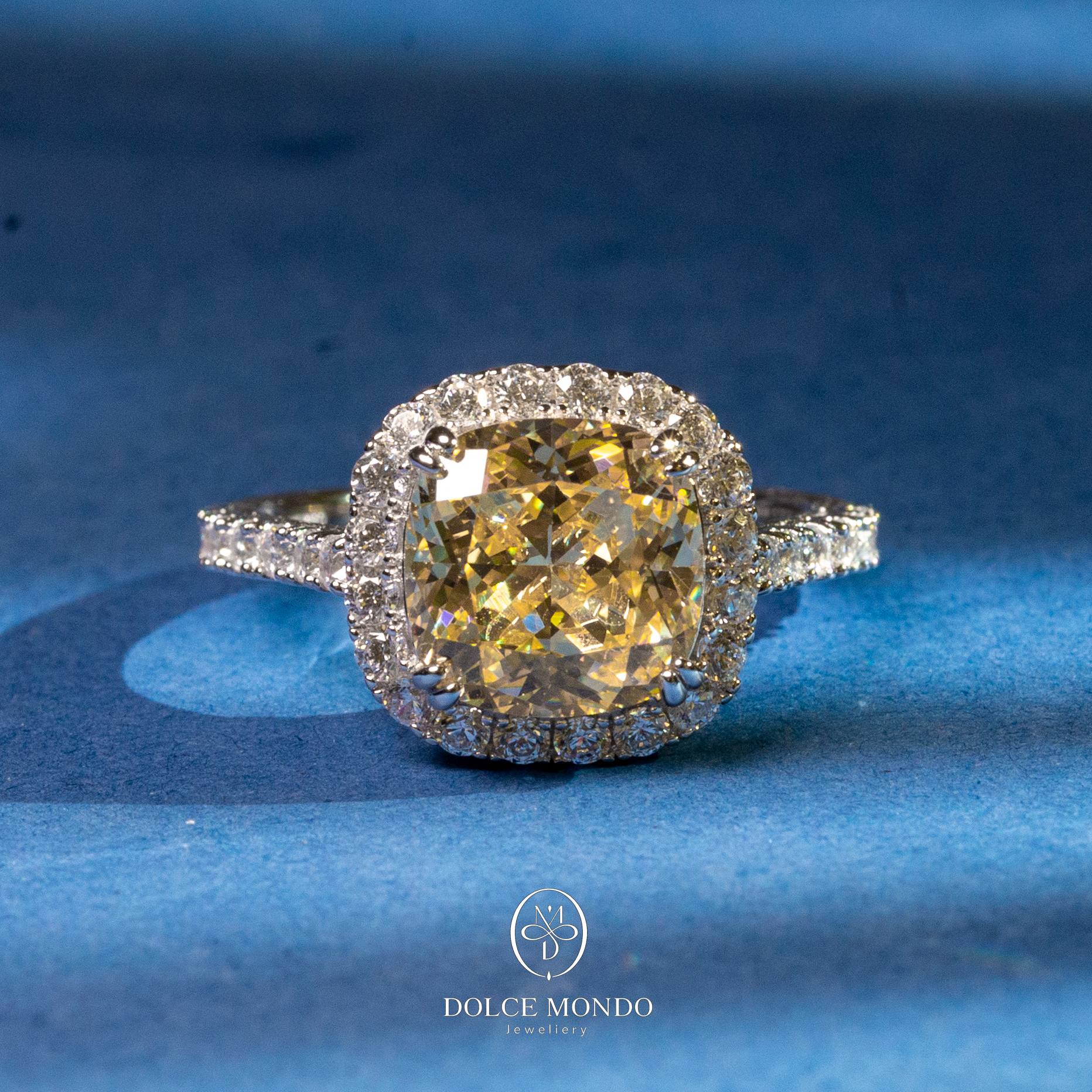 Dolce Mondo Champagne Radiance Halo – Yellow Zircon Rhodium-Plated 925 Silver Ring