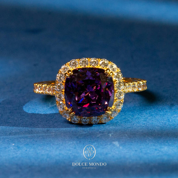 Dolce Mondo Imperial Amethyst Halo – Purple Zircon Gold-Plated 925 Silver Ring