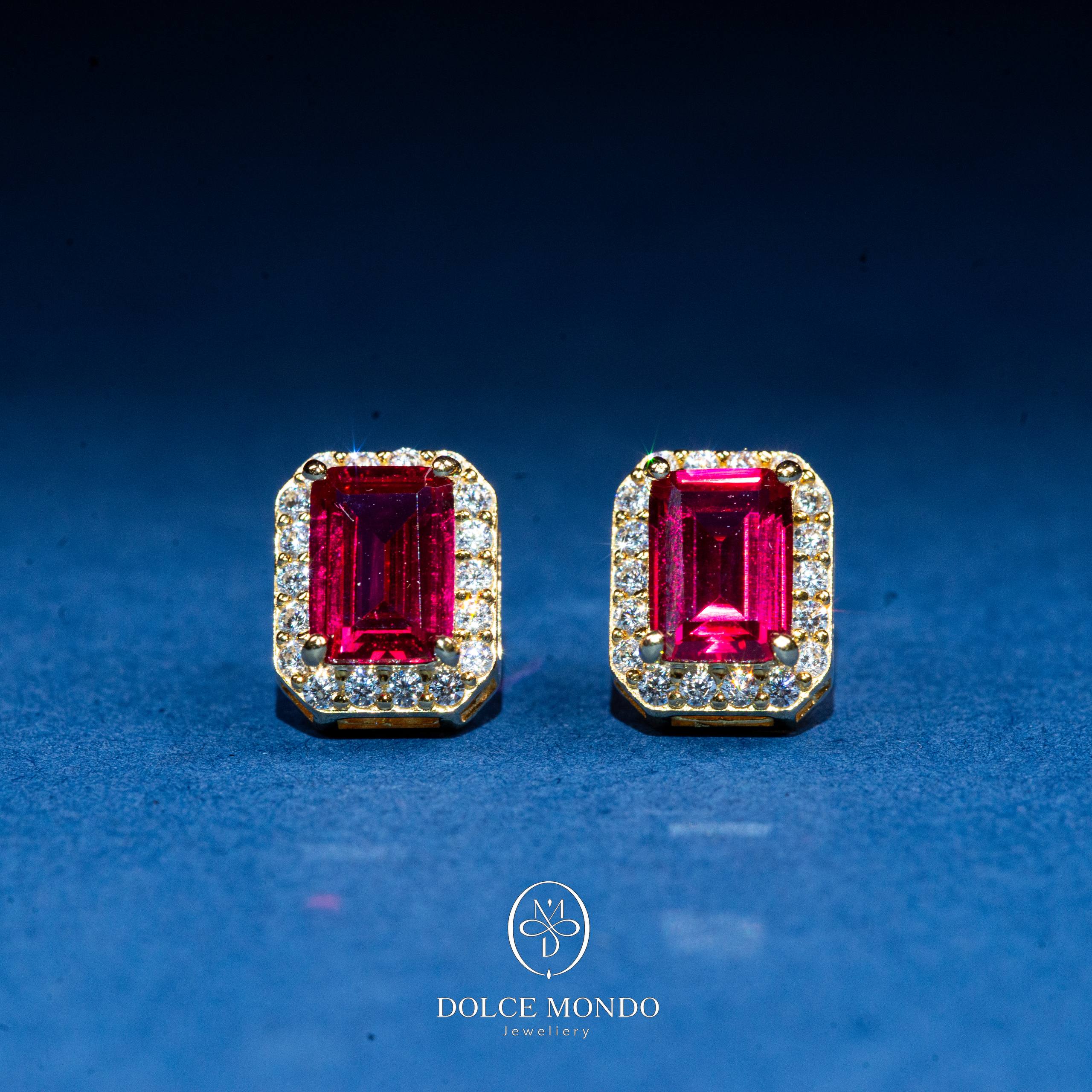 Crimson Emerald-Cut Zircon Halo Stud Earrings