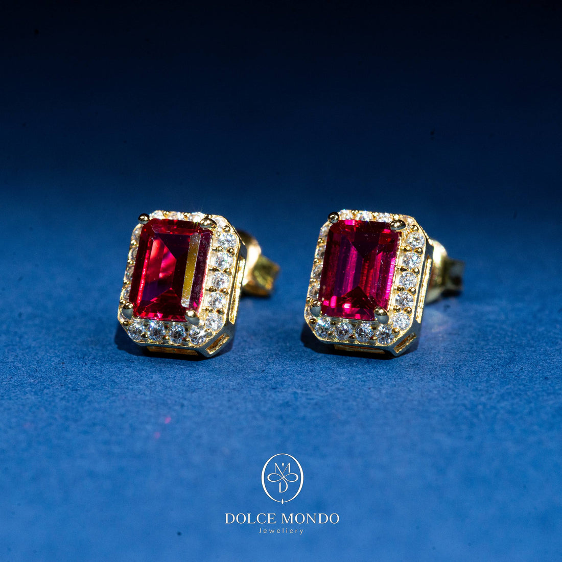 Crimson Emerald-Cut Zircon Halo Stud Earrings