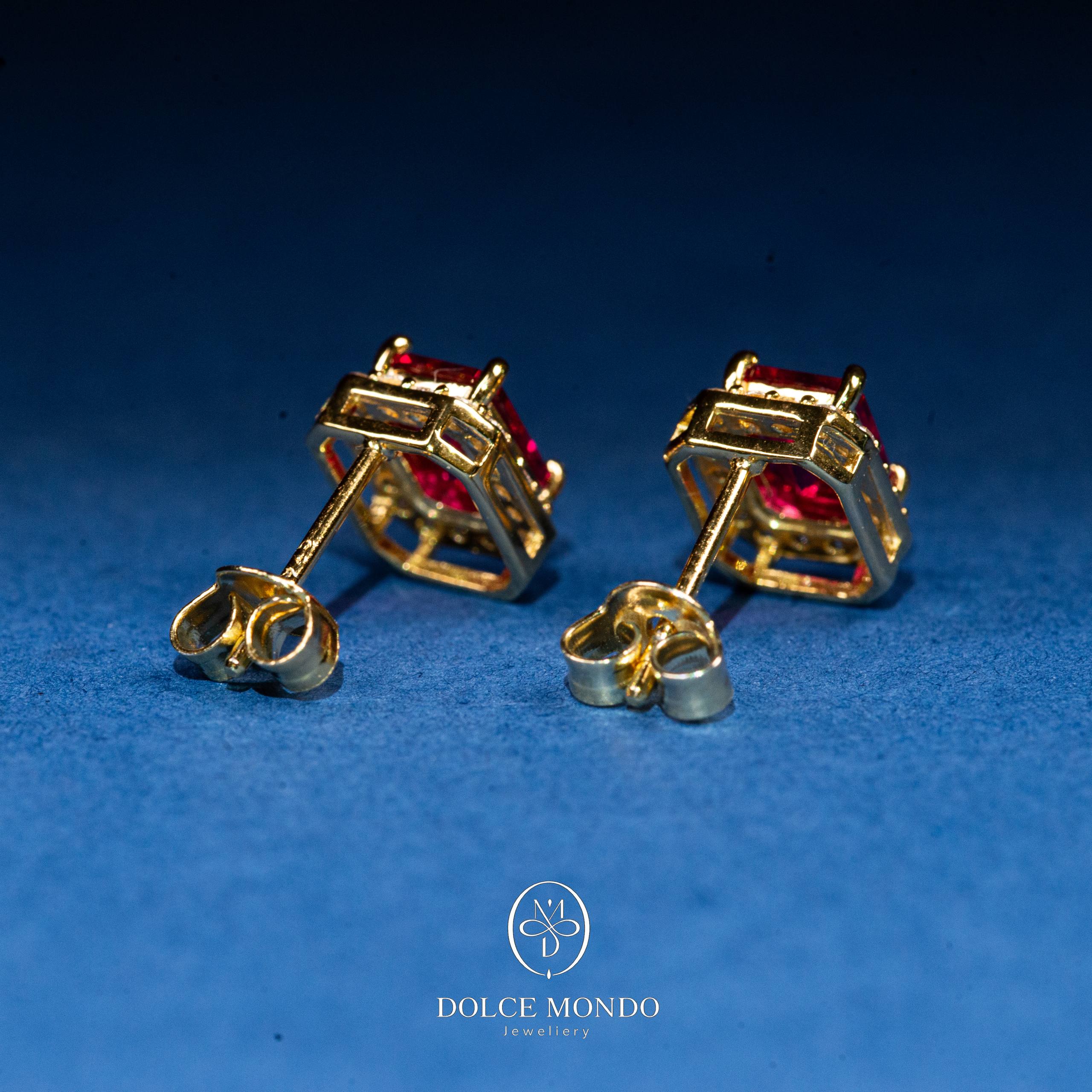 Crimson Emerald-Cut Zircon Halo Stud Earrings