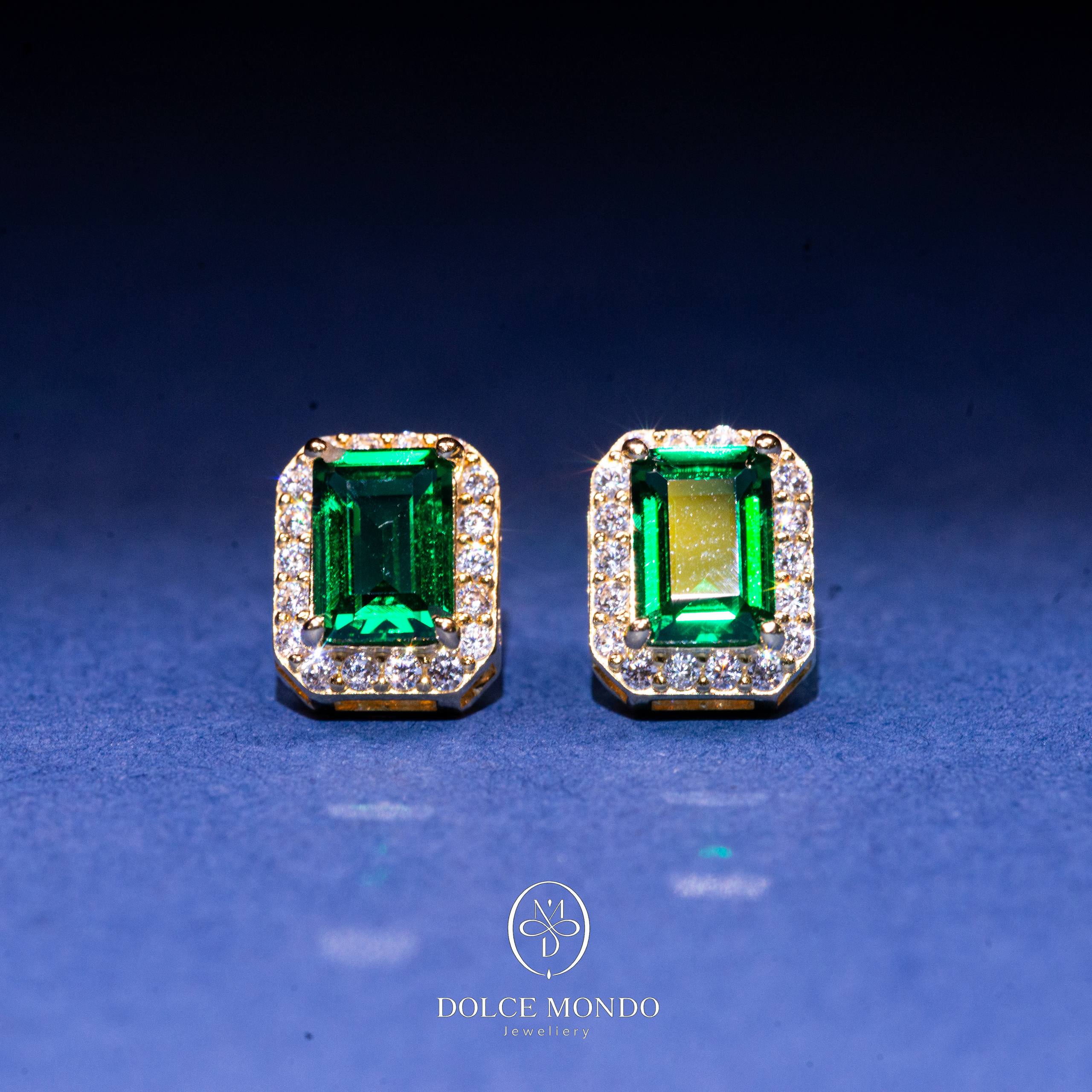 Emerald-Cut Green Zircon Halo Stud Earrings
