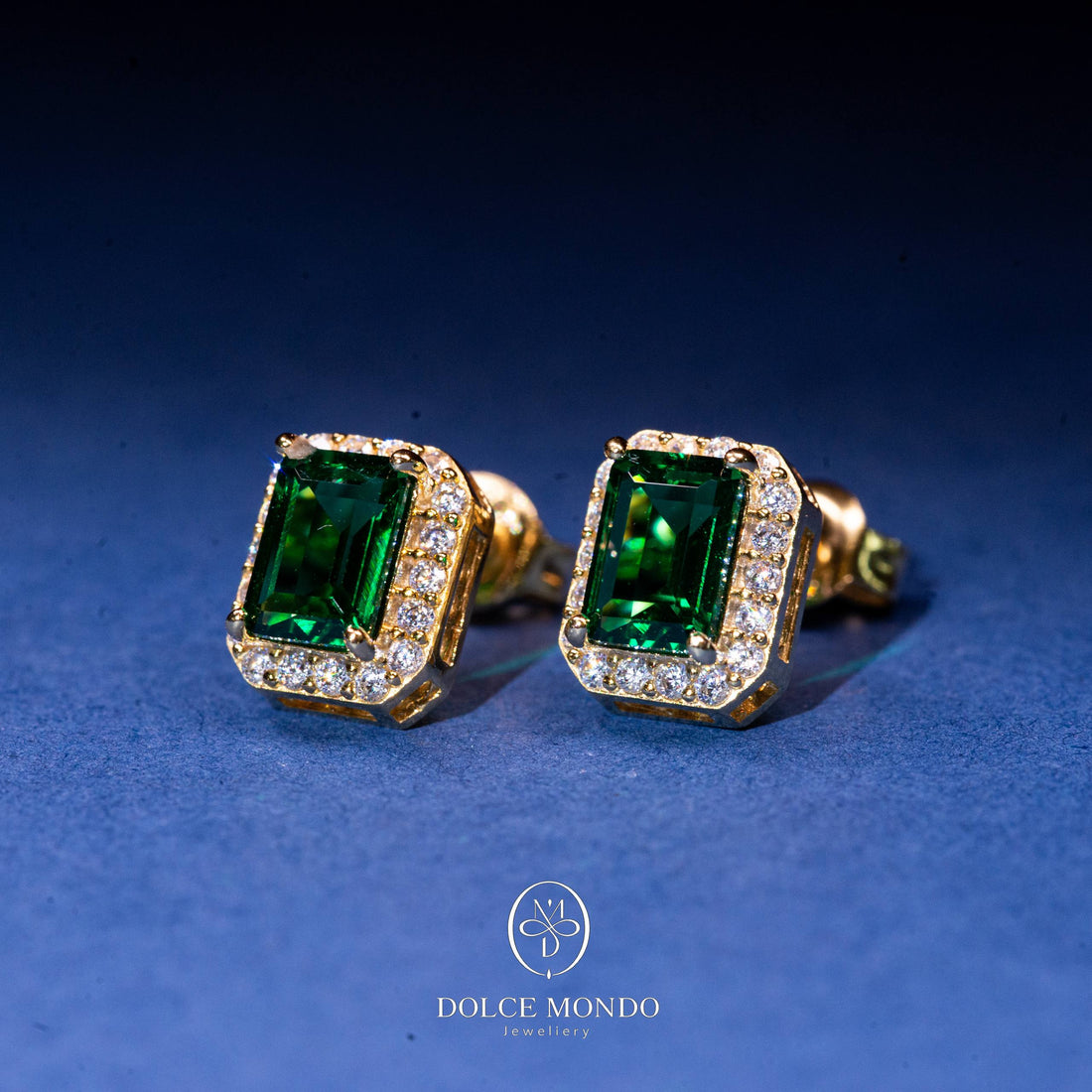 Emerald-Cut Green Zircon Halo Stud Earrings