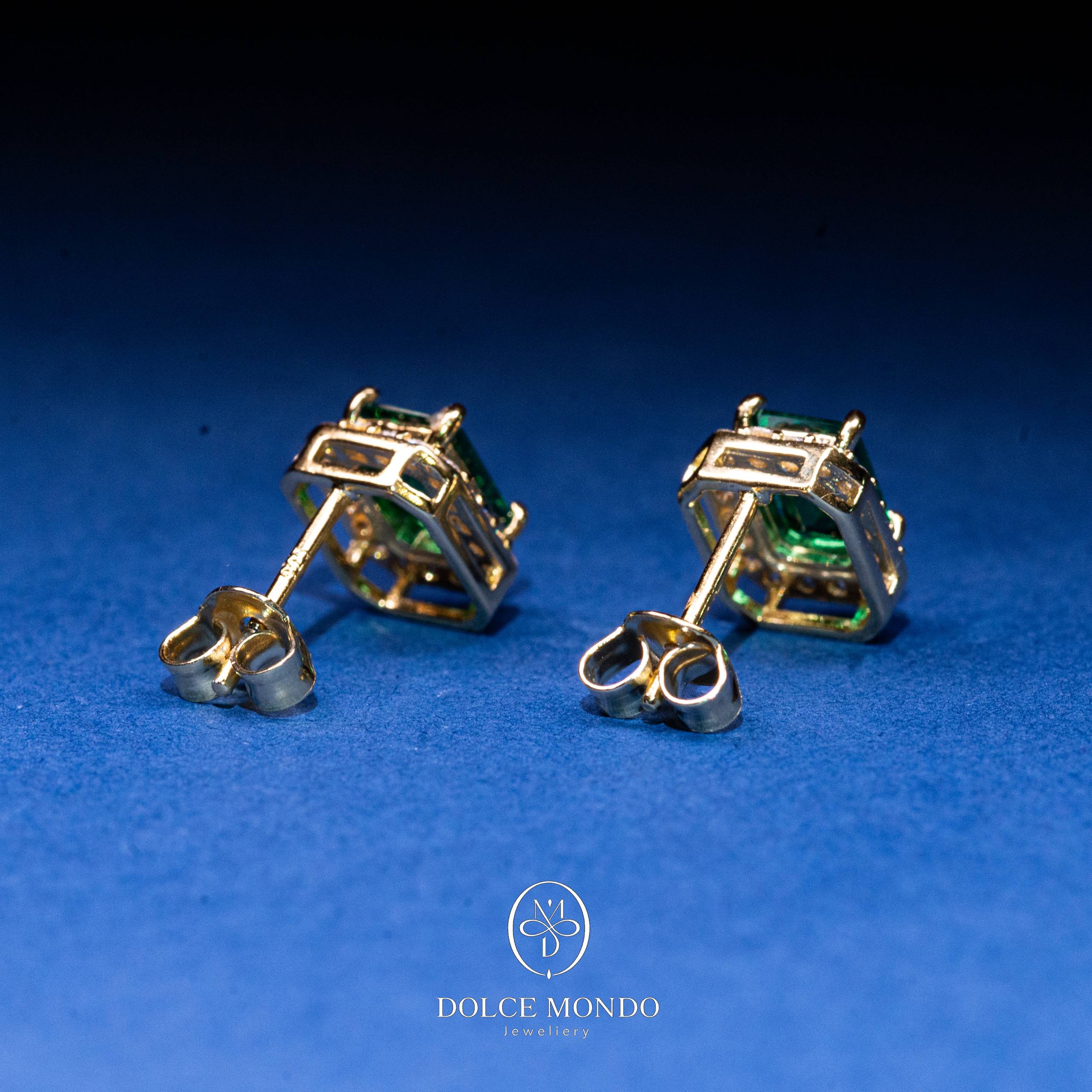Emerald-Cut Green Zircon Halo Stud Earrings