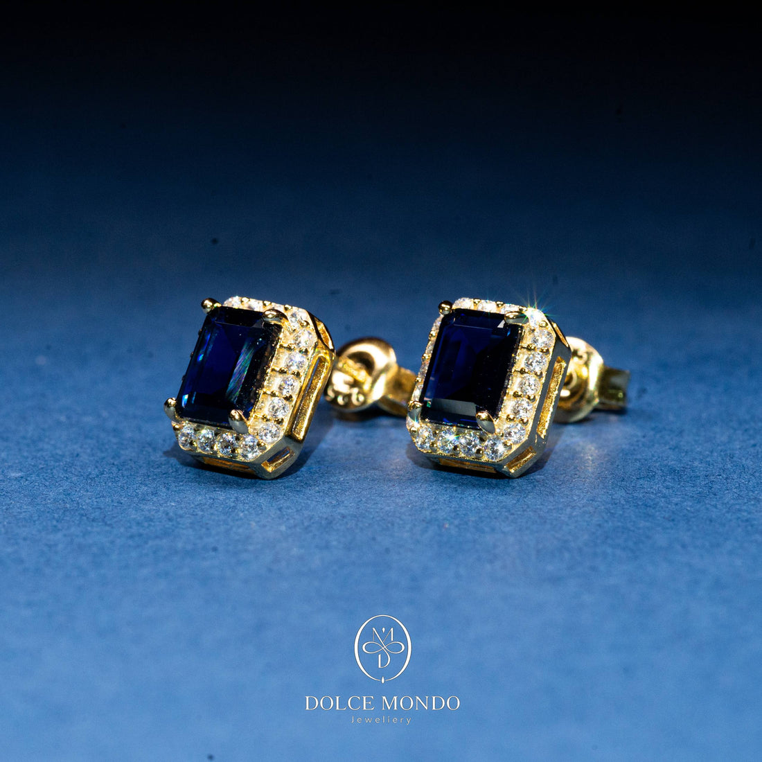 Midnight Blue Emerald-Cut Zircon Halo Stud Earrings