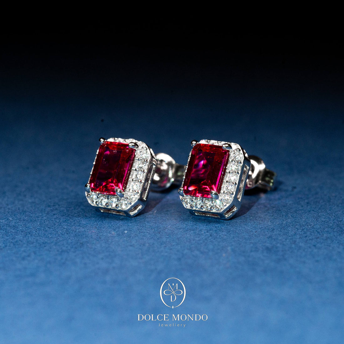 Crimson Glow Emerald-Cut Zircon Halo Stud Earrings