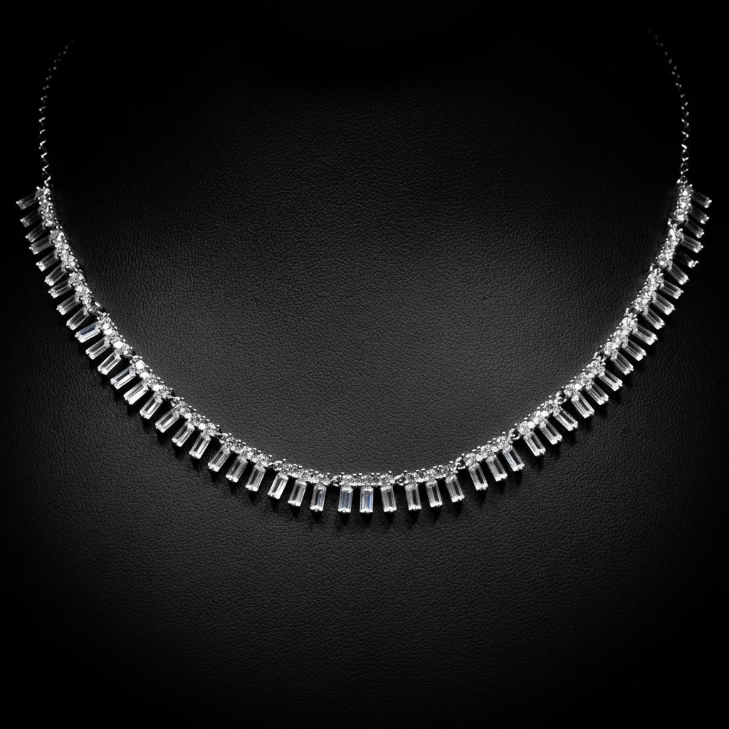 Aurelia White Crystal Baguette Fringe Necklace