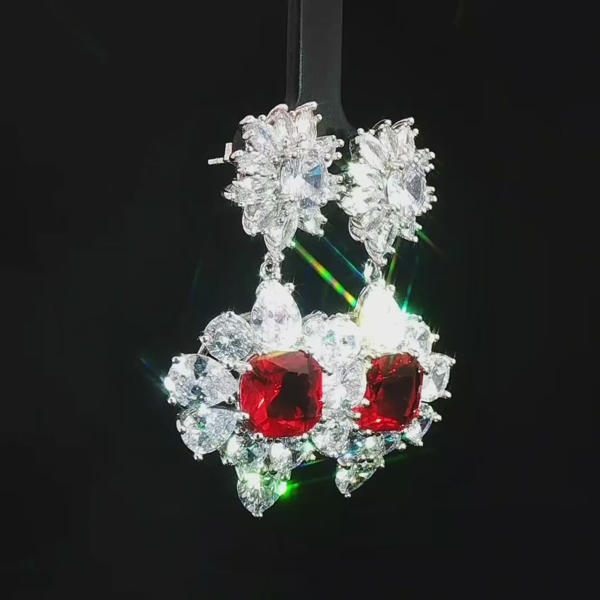 Royal Ruby Cushion-Cut Zircon Floral Drop Earrings