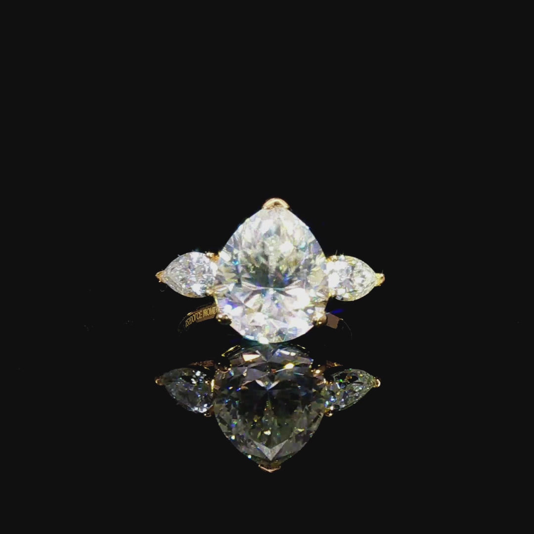 Pear Cut Three Stone GRA Certified Moissanite Ring in Gold Plated 925 Sterling Silver – 5.19 Carat