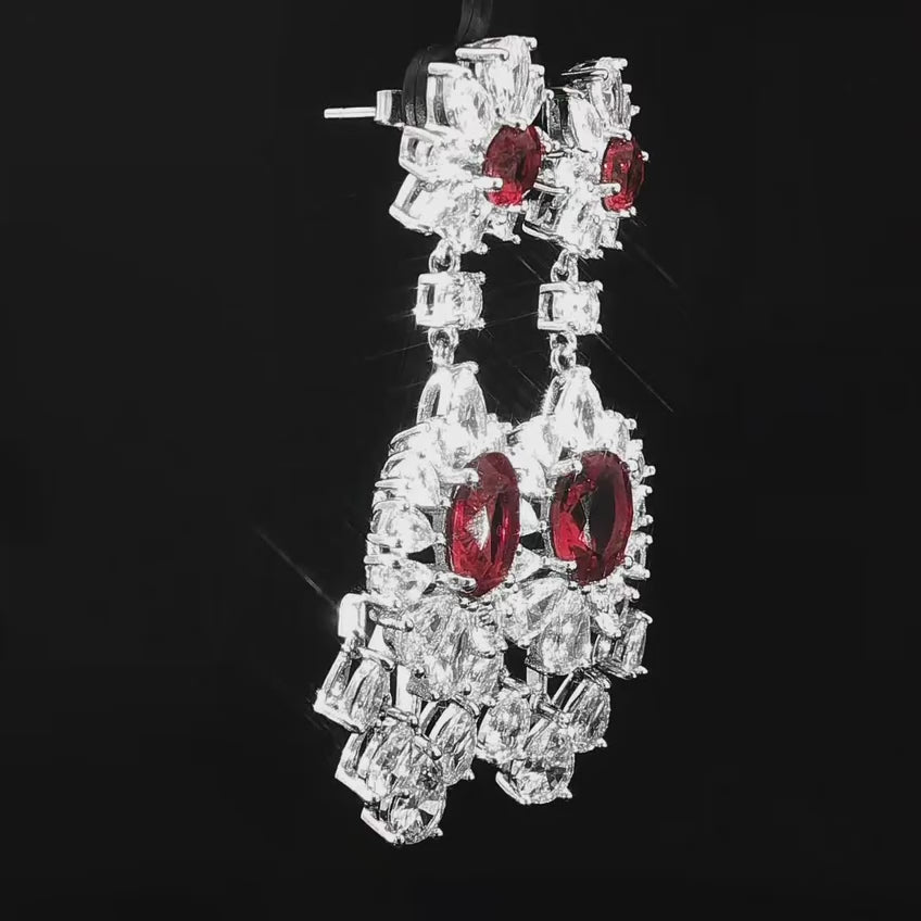 Royal Ruby Oval-Cut Zircon Floral Drop Earrings