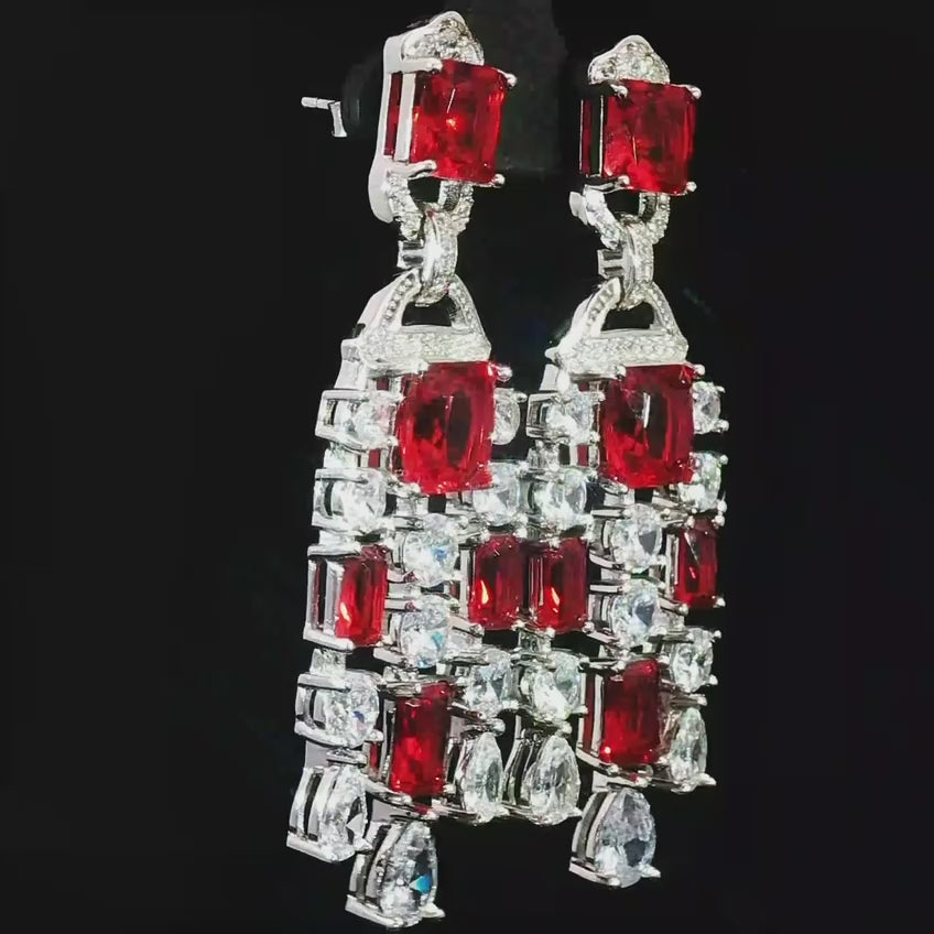Crimson Royale Cushion-Cut Zircon Chandelier Earrings