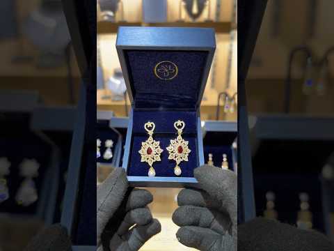 Celestine Ruby Red Pearl Drop Earrings with Premium Zircon Stones – High Quality 18K Gold Plated in 925 Sterling Silver