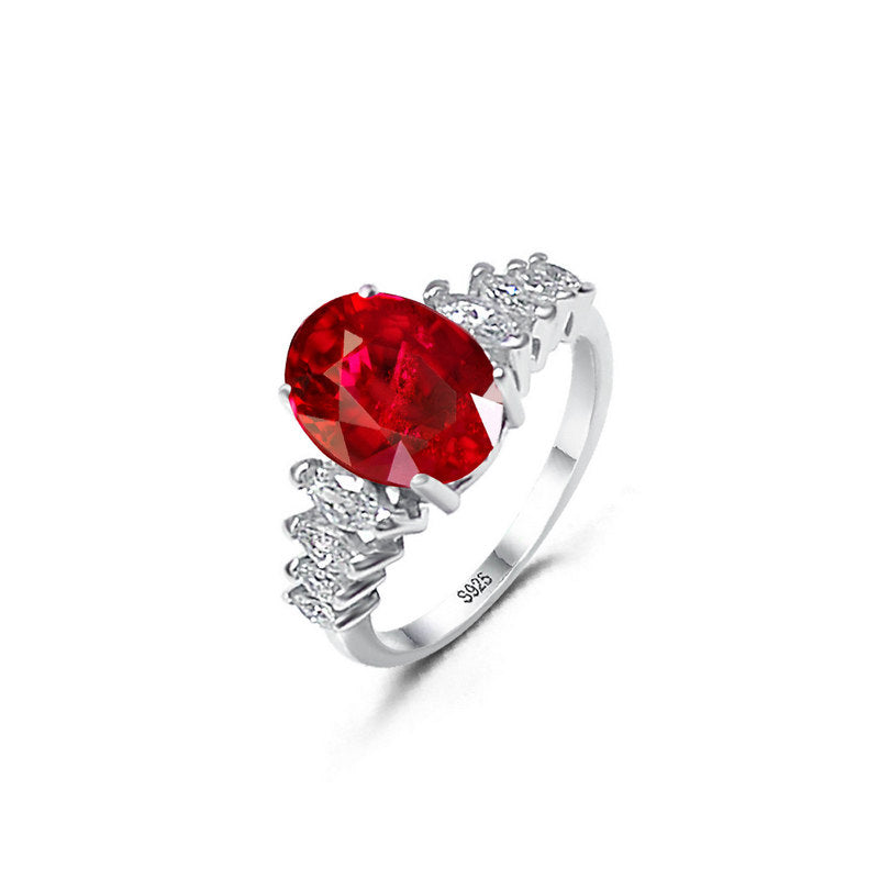 Silver Zircon 925 Ring - Stylish and Timeless, Comfort Fit, with Oval Cut Red Ruby Stone